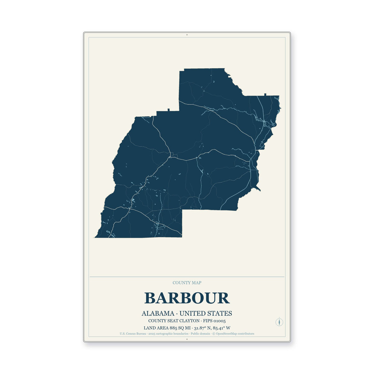 Barbour County, Alabama Map Aluminum Sign in Coastal Cutout style