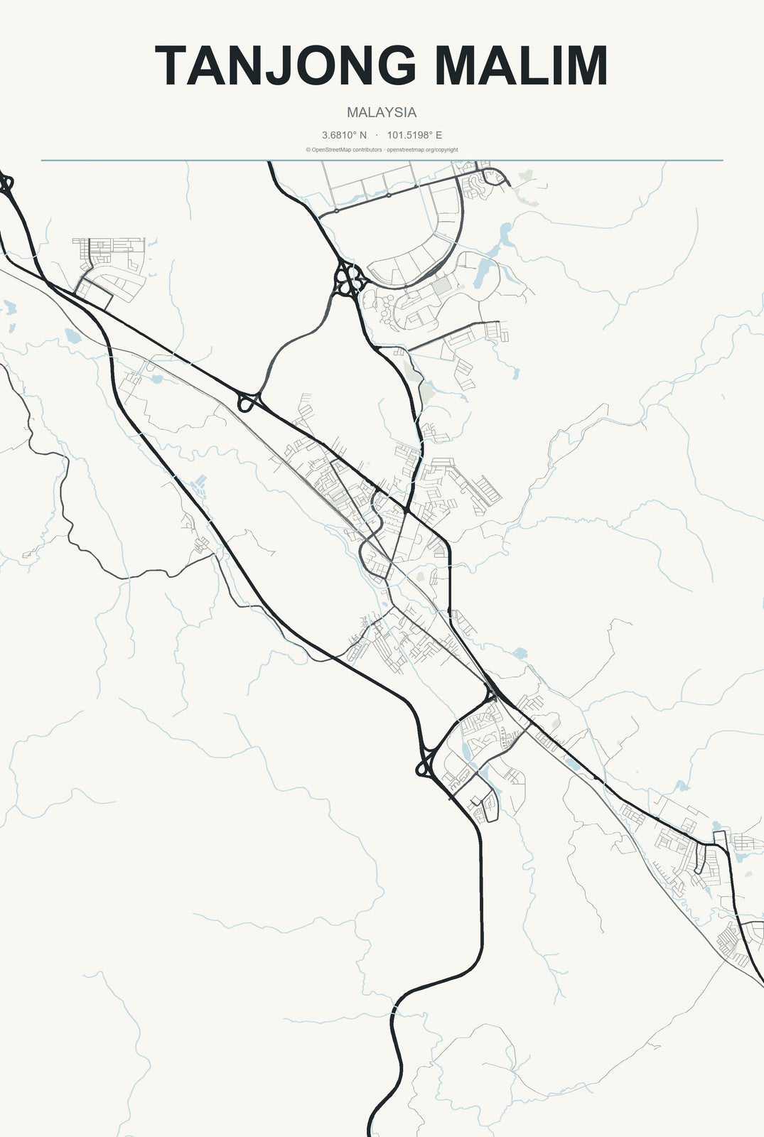 Tanjong Malim, Malaysia City Map Aluminum Sign in Headline Atlas style