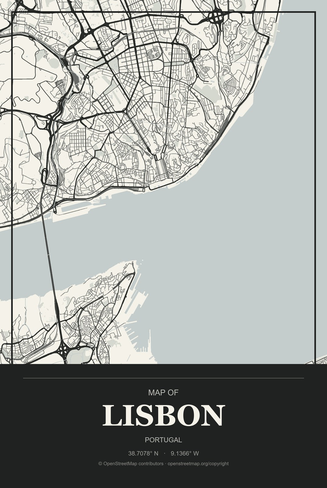 Lisbon, Portugal City Map Aluminum Sign in Museum Plaque style
