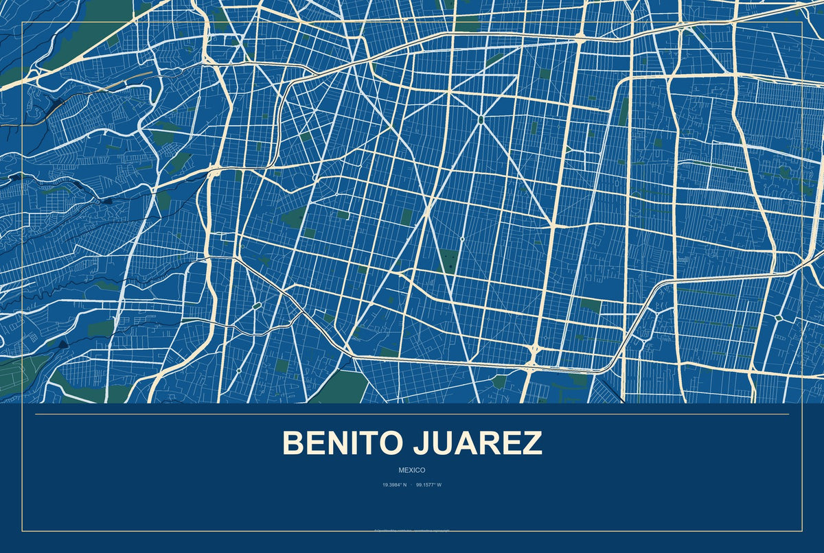 Benito Juarez, Mexico City Map Aluminum Sign in Harbor Cobalt style