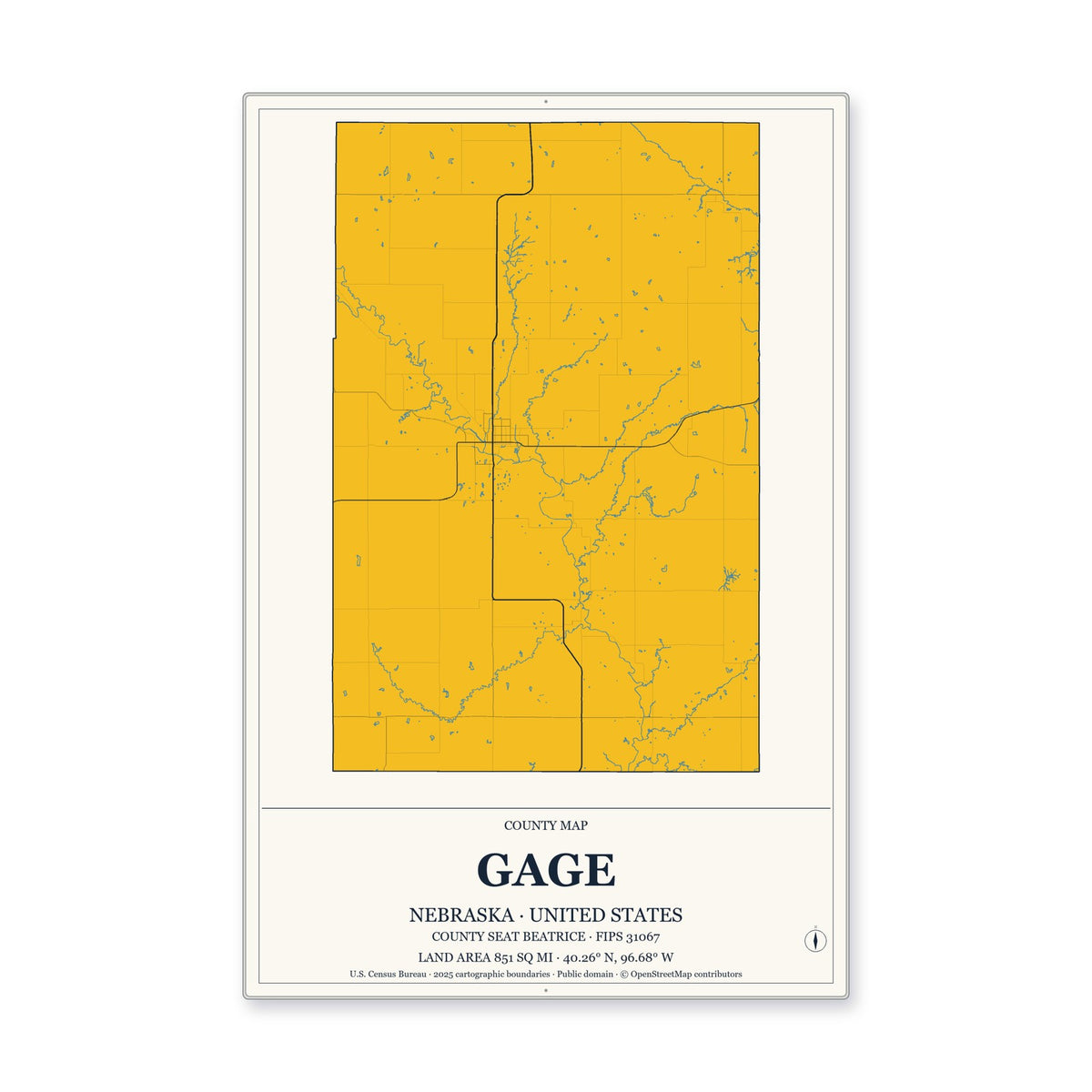 Gage County, Nebraska Map Aluminum Sign in Citrine Modern style