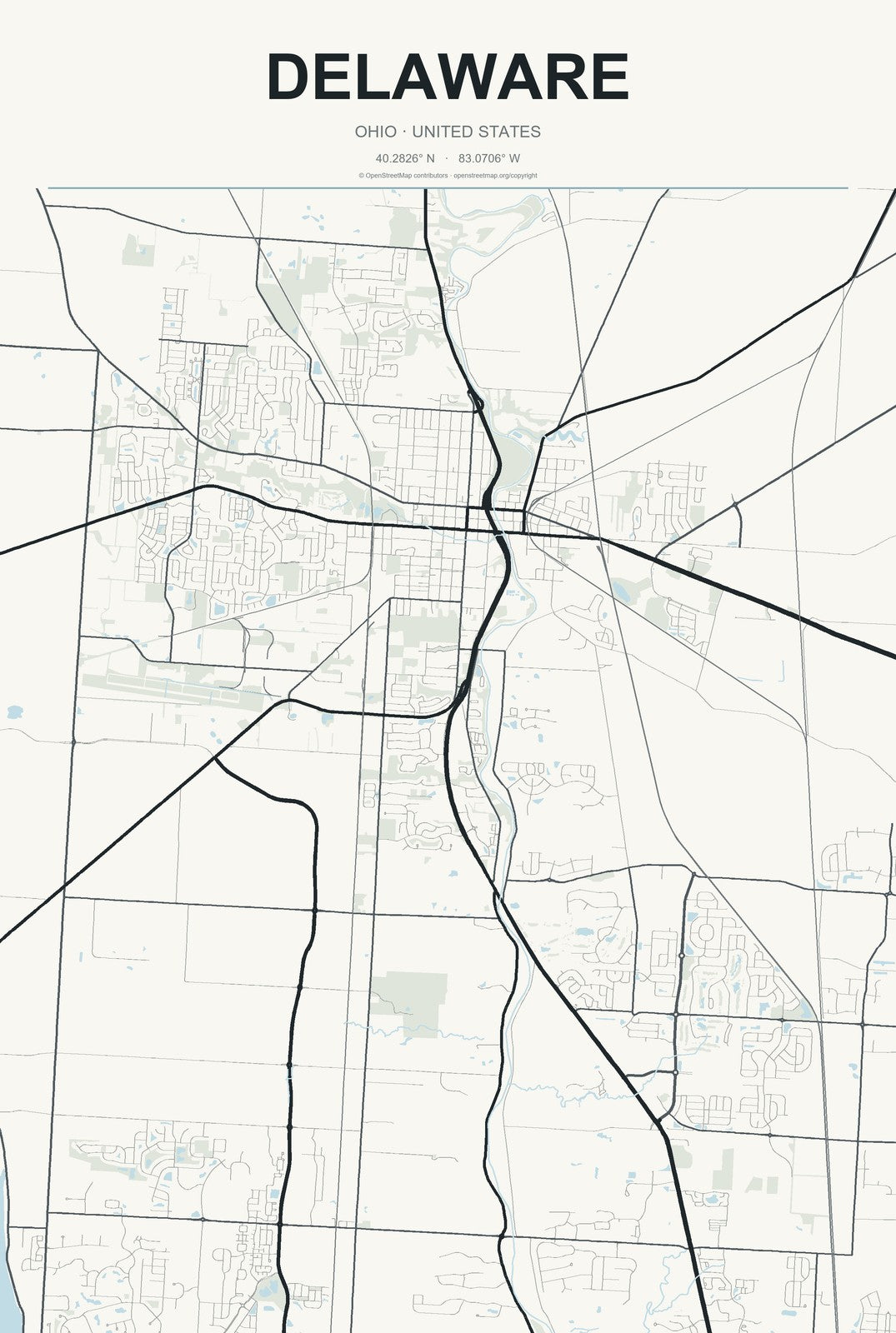 Delaware, Ohio City Map Aluminum Sign in Headline Atlas style