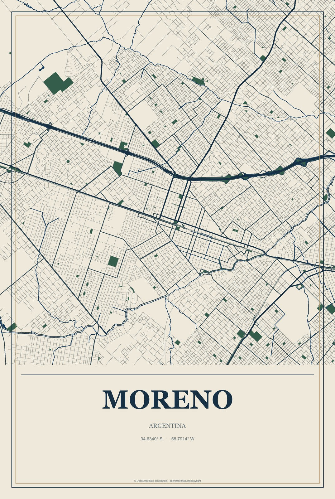 Moreno, Argentina City Map Aluminum Sign in Coastal Cutout style