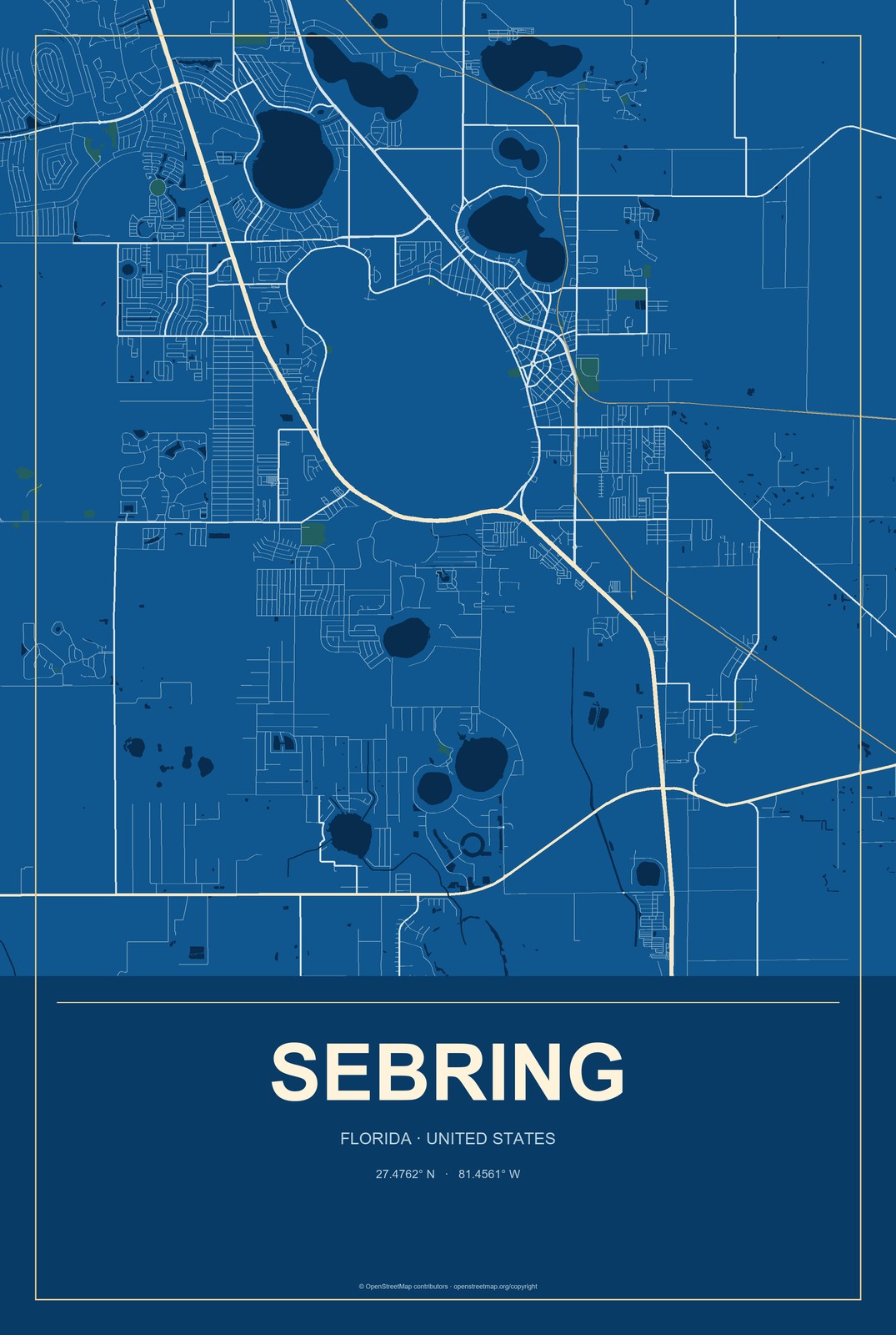 Sebring, Florida City Map Aluminum Sign in Harbor Cobalt style