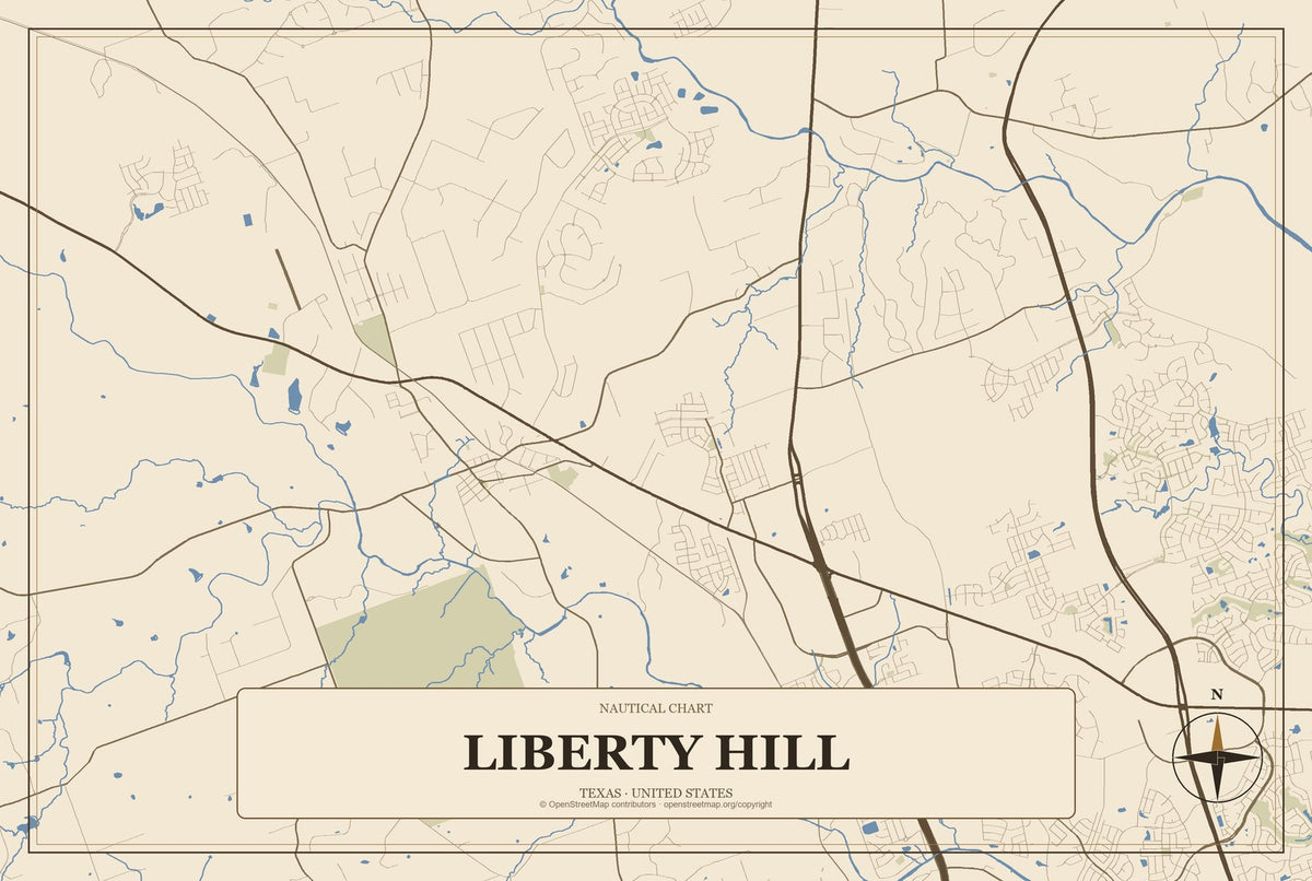 Liberty Hill, Texas City Map Aluminum Sign in Heritage Nautical style
