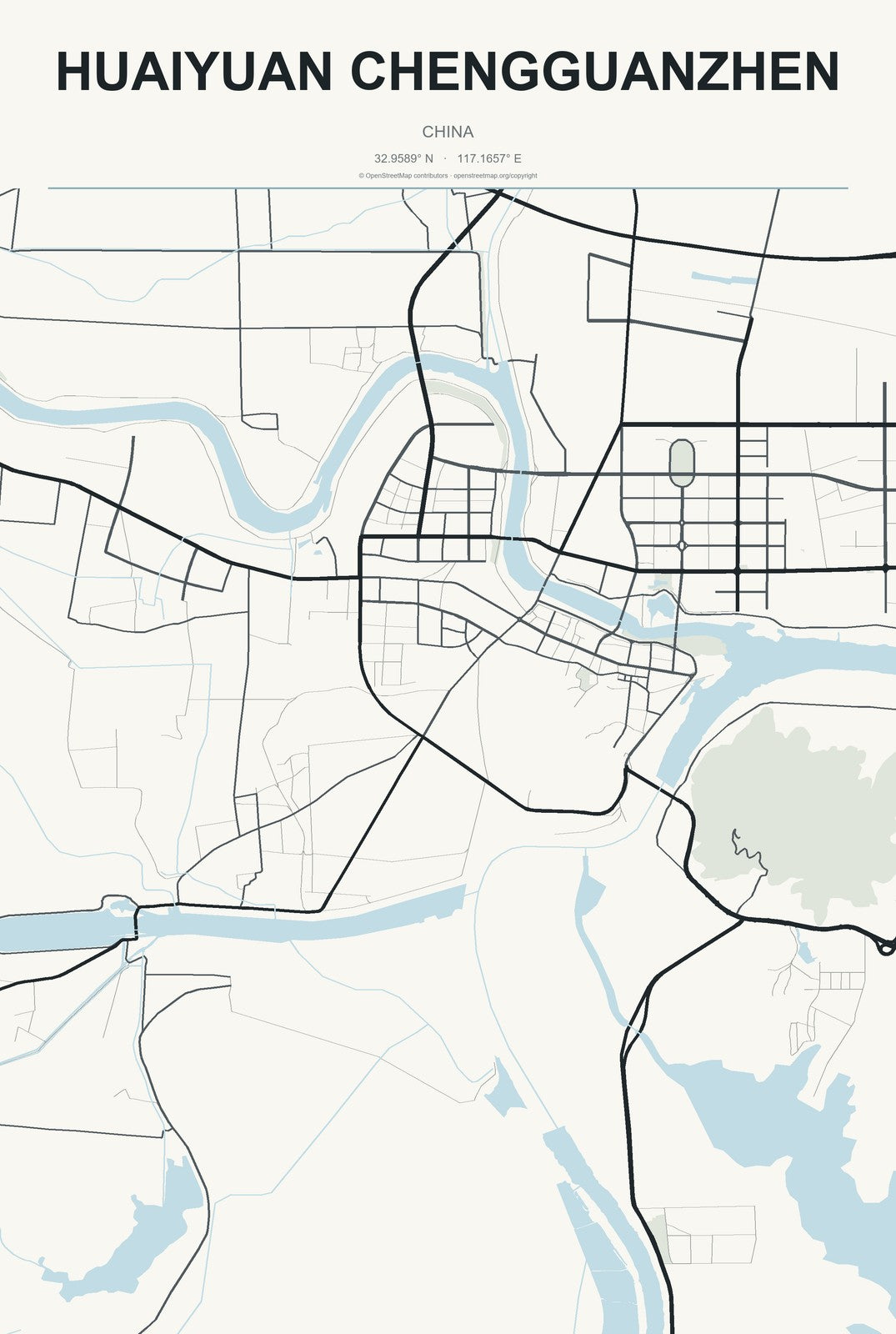 Huaiyuan Chengguanzhen, China City Map Aluminum Sign in Headline Atlas style