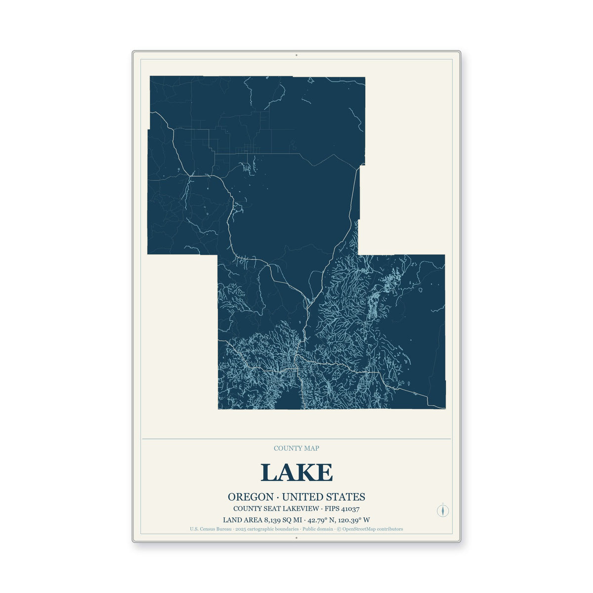 Lake County, Oregon Map Aluminum Sign in Coastal Cutout style