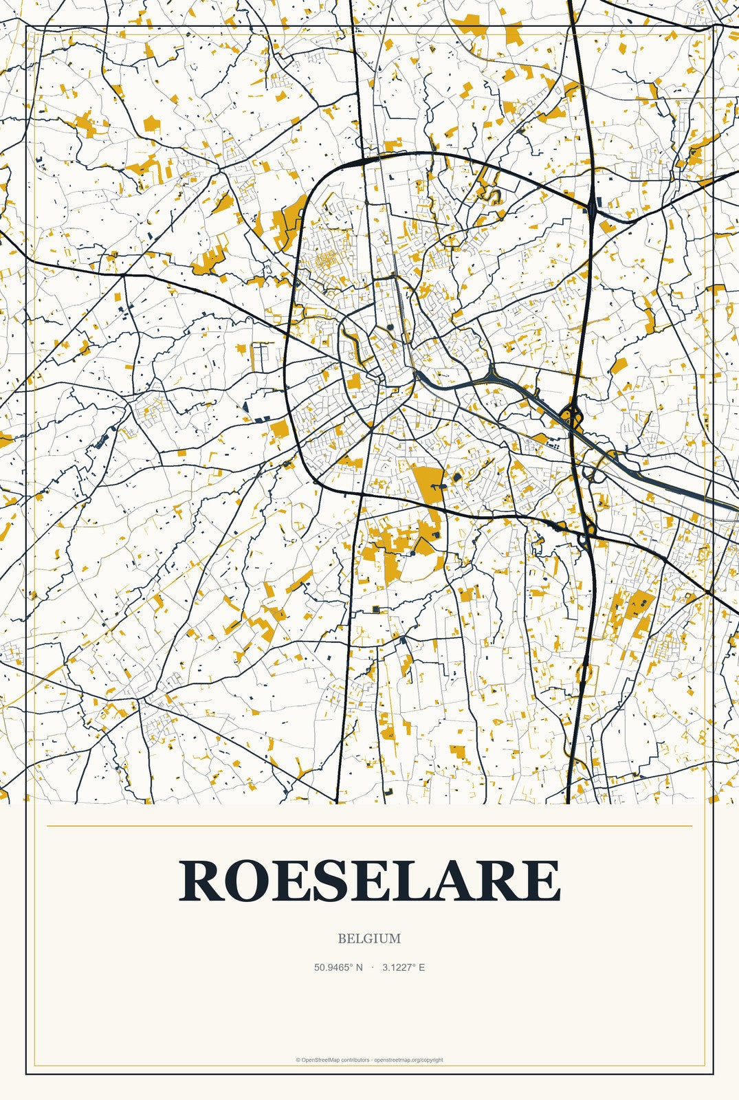 Roeselare, Belgium City Map Aluminum Sign in Citrine Modern style