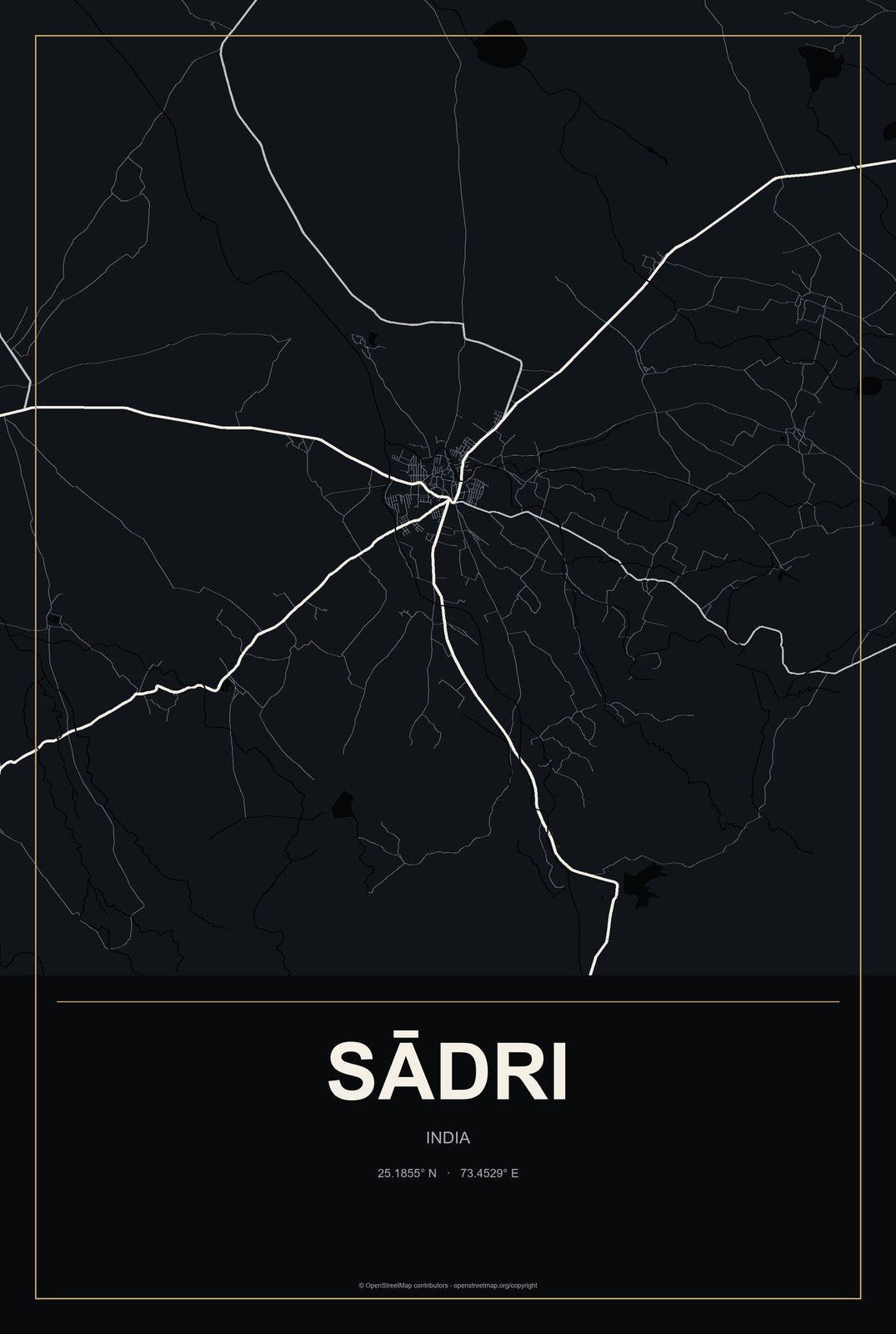 Sādri, India City Map Aluminum Sign in Metropolitan Noir style