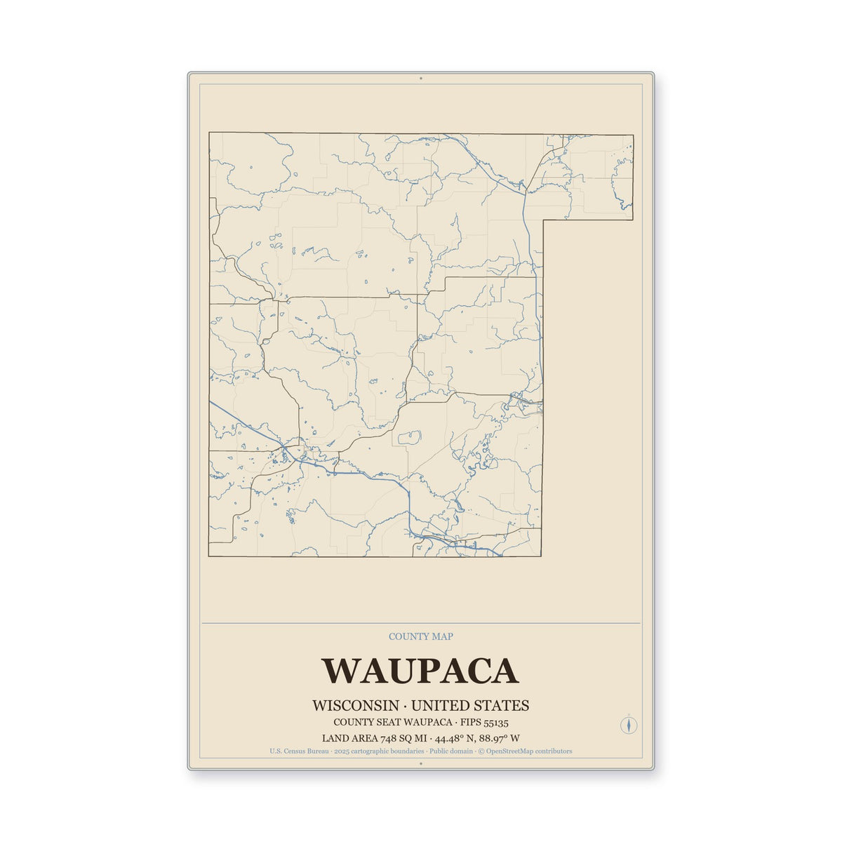 Waupaca County, Wisconsin Map Aluminum Sign in Heritage Nautical style
