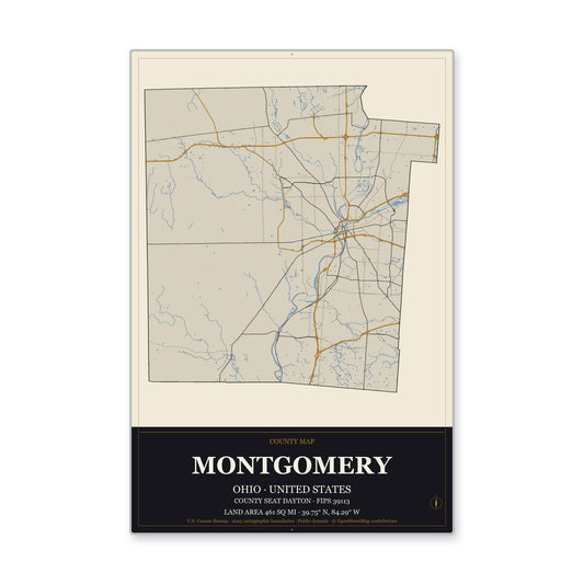 Montgomery County, Ohio Map Aluminum Sign in Museum Plaque style