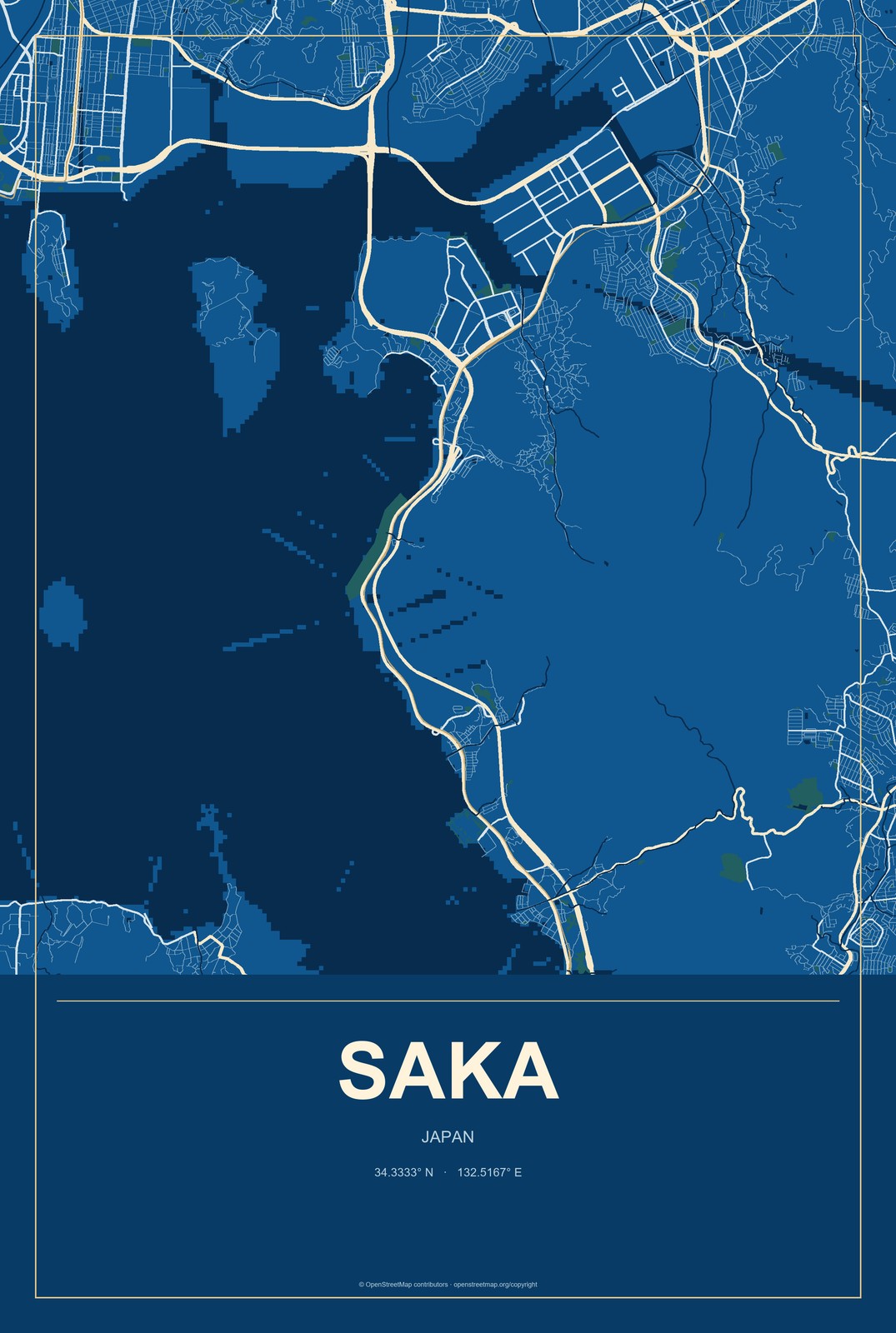 Saka, Japan City Map Aluminum Sign in Harbor Cobalt style