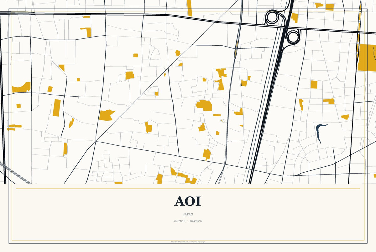 Aoi, Japan City Map Aluminum Sign in Citrine Modern style