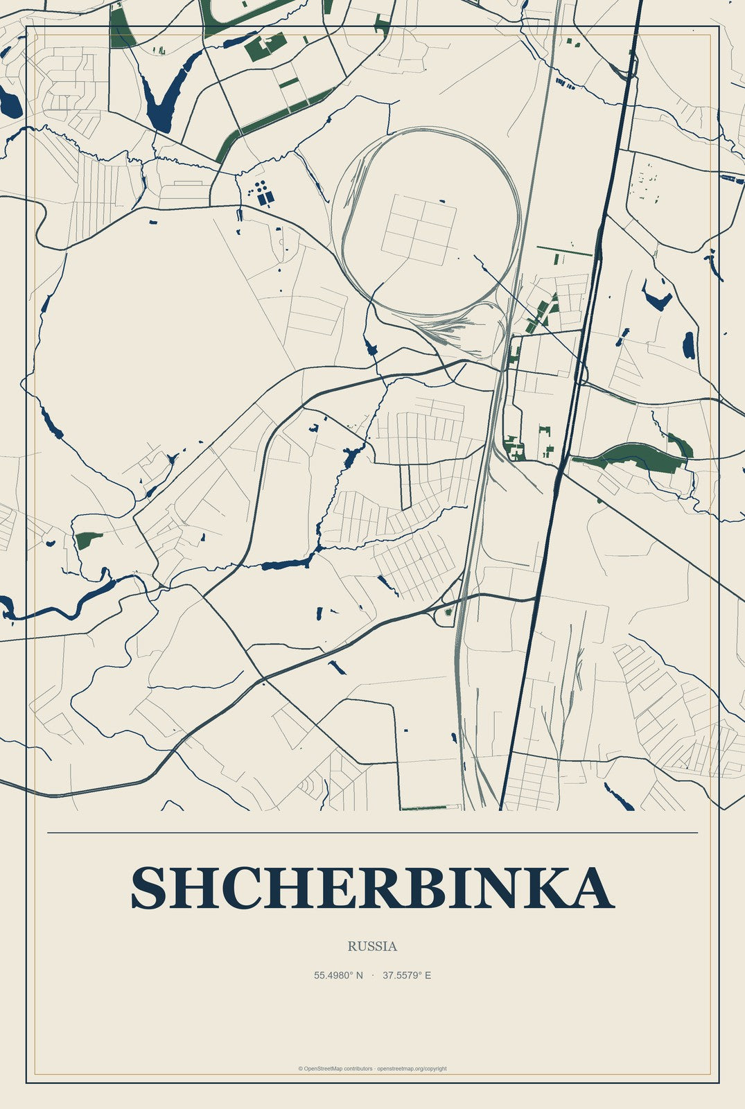Shcherbinka, Russia City Map Aluminum Sign in Coastal Cutout style