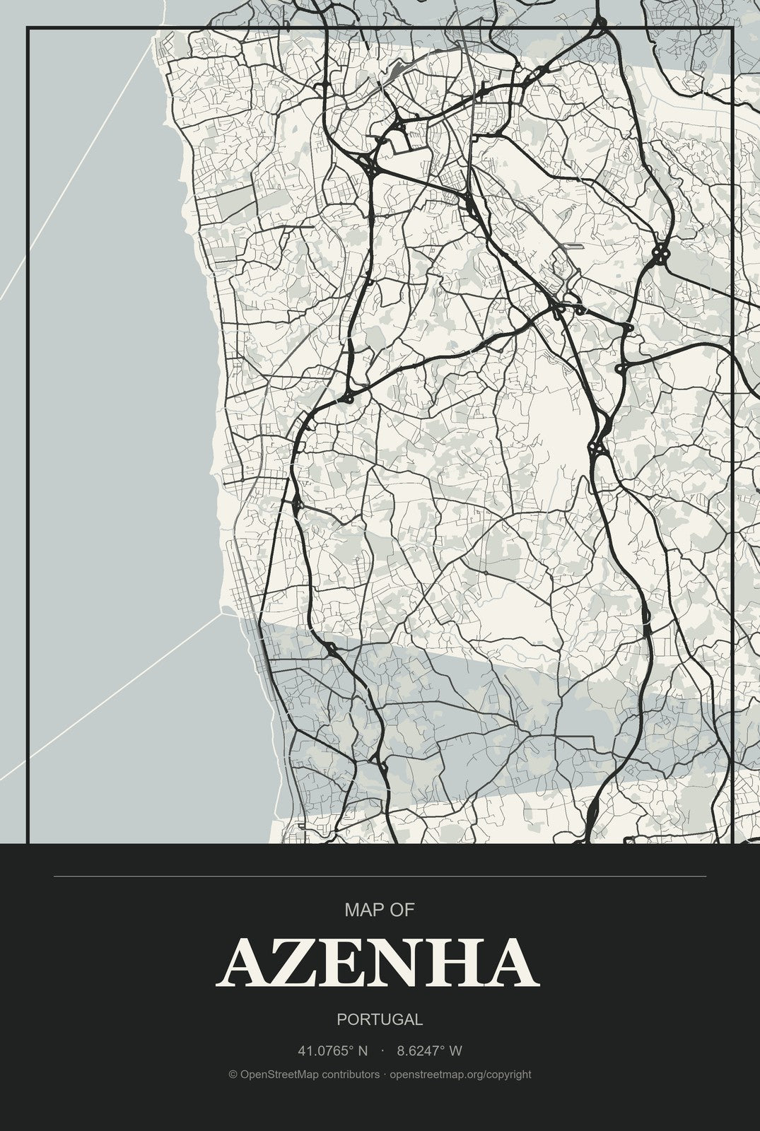 Azenha, Portugal City Map Aluminum Sign in Museum Plaque style