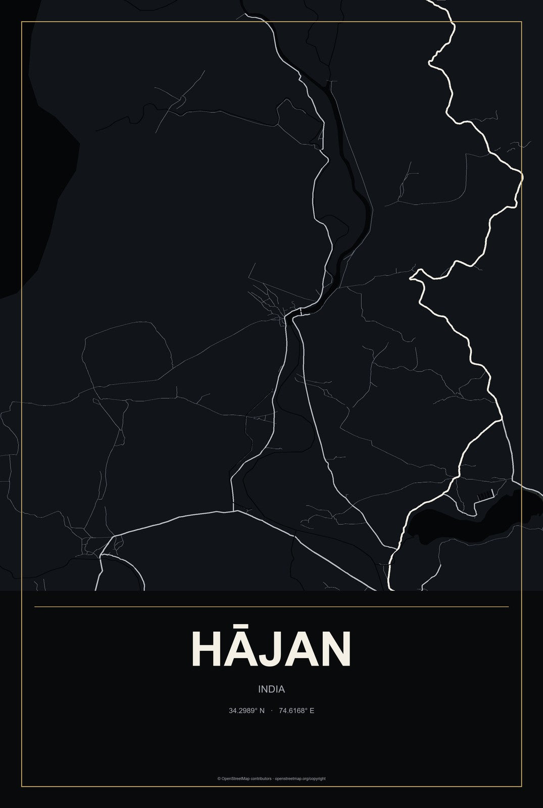Hājan, India City Map Aluminum Sign in Metropolitan Noir style