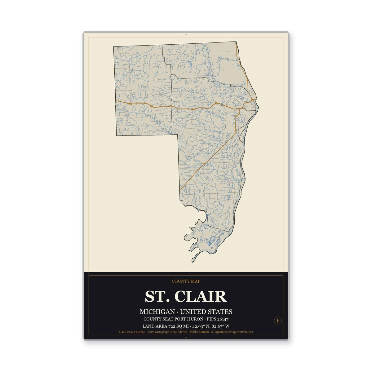 St. Clair County, Michigan Map Aluminum Sign in Museum Plaque style
