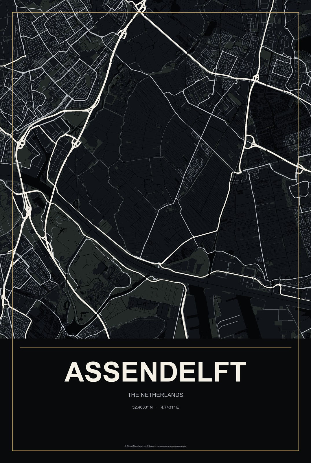 Assendelft, The Netherlands City Map Aluminum Sign in Metropolitan Noir style