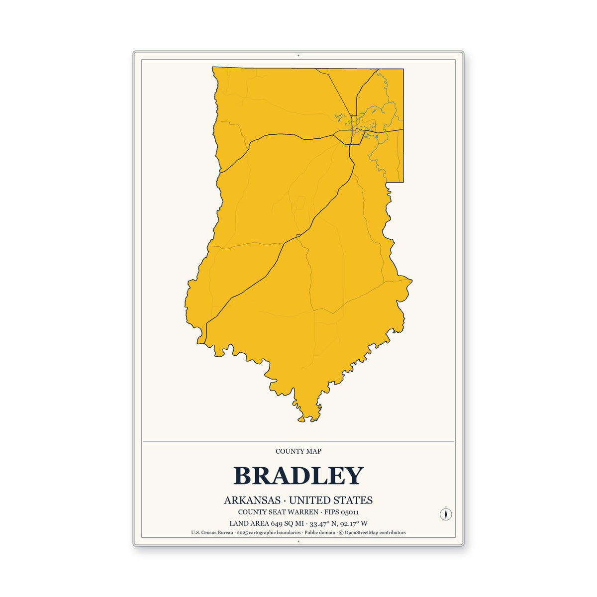 Bradley County, Arkansas Map Aluminum Sign in Citrine Modern style