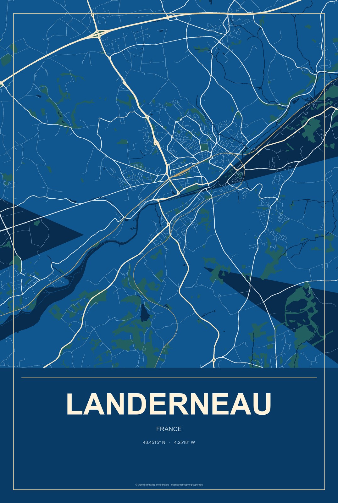 Landerneau, France City Map Aluminum Sign in Harbor Cobalt style