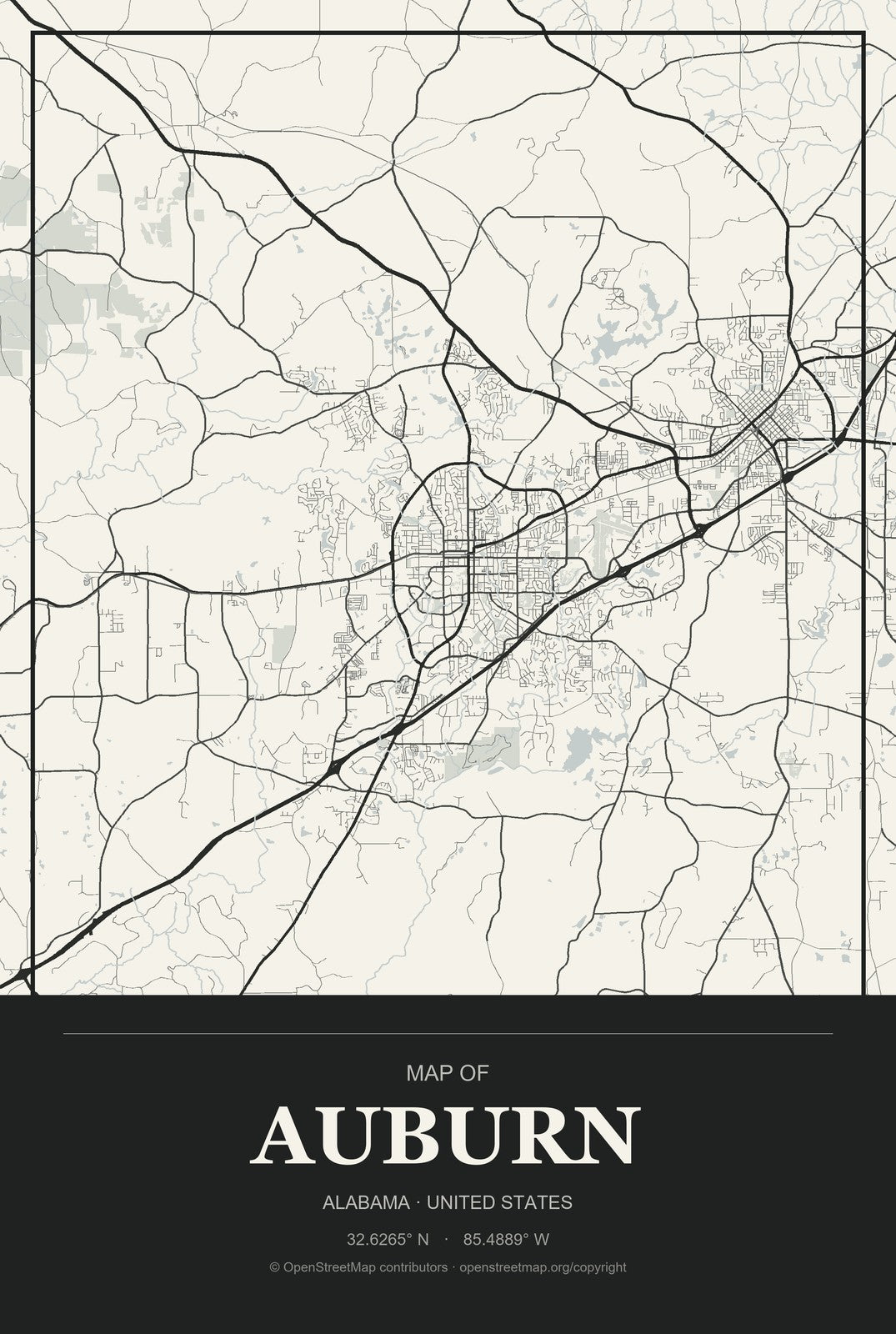 Auburn, Alabama City Map Aluminum Sign in Museum Plaque style