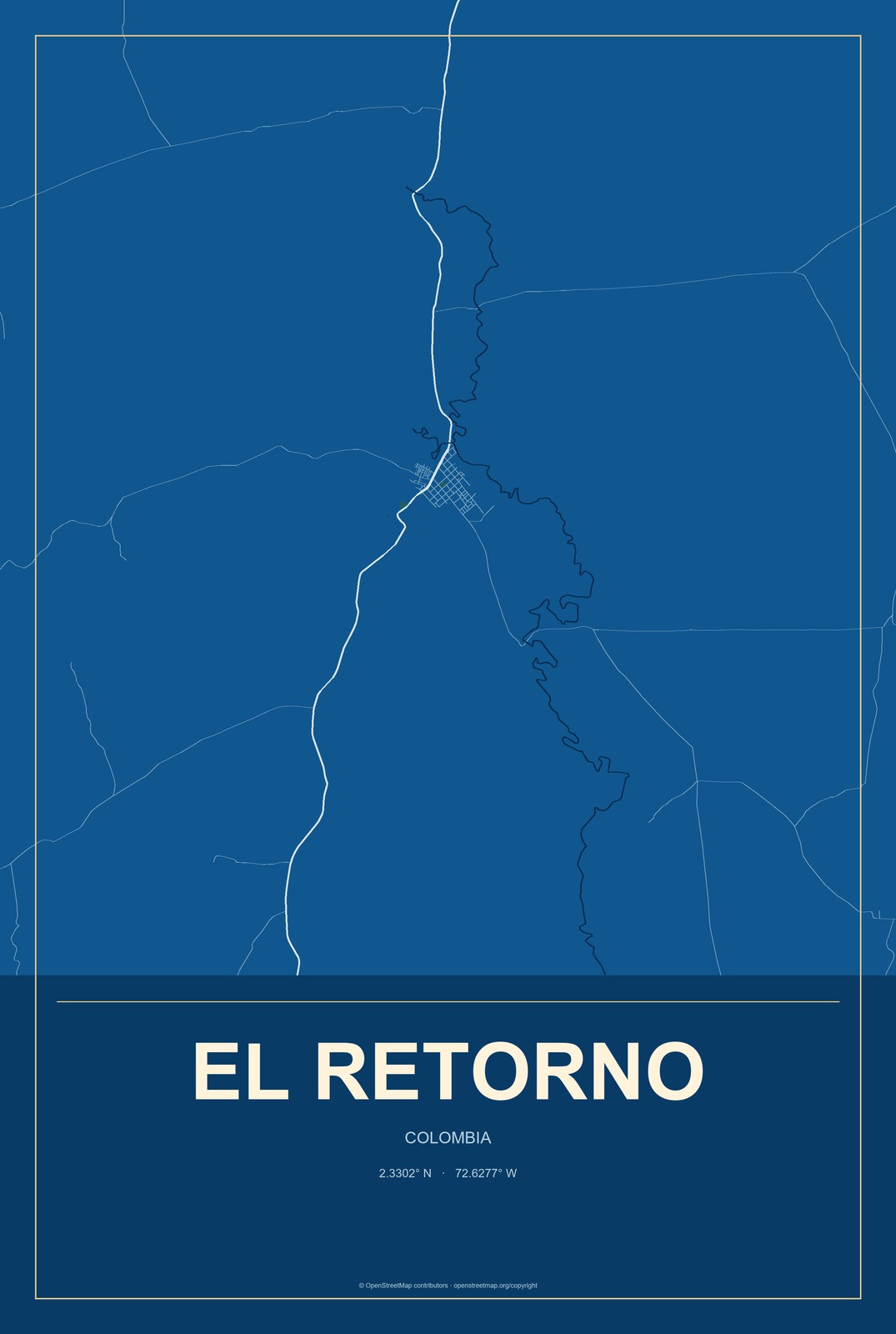 El Retorno, Colombia City Map Aluminum Sign in Harbor Cobalt style