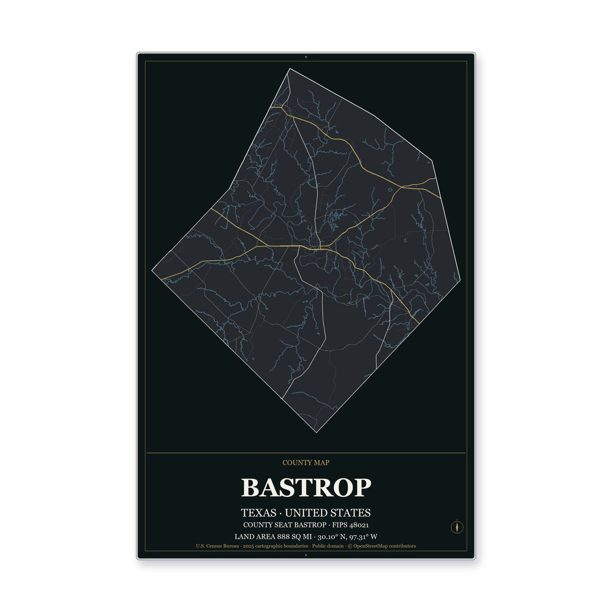 Bastrop County, Texas Map Aluminum Sign in Metropolitan Noir style