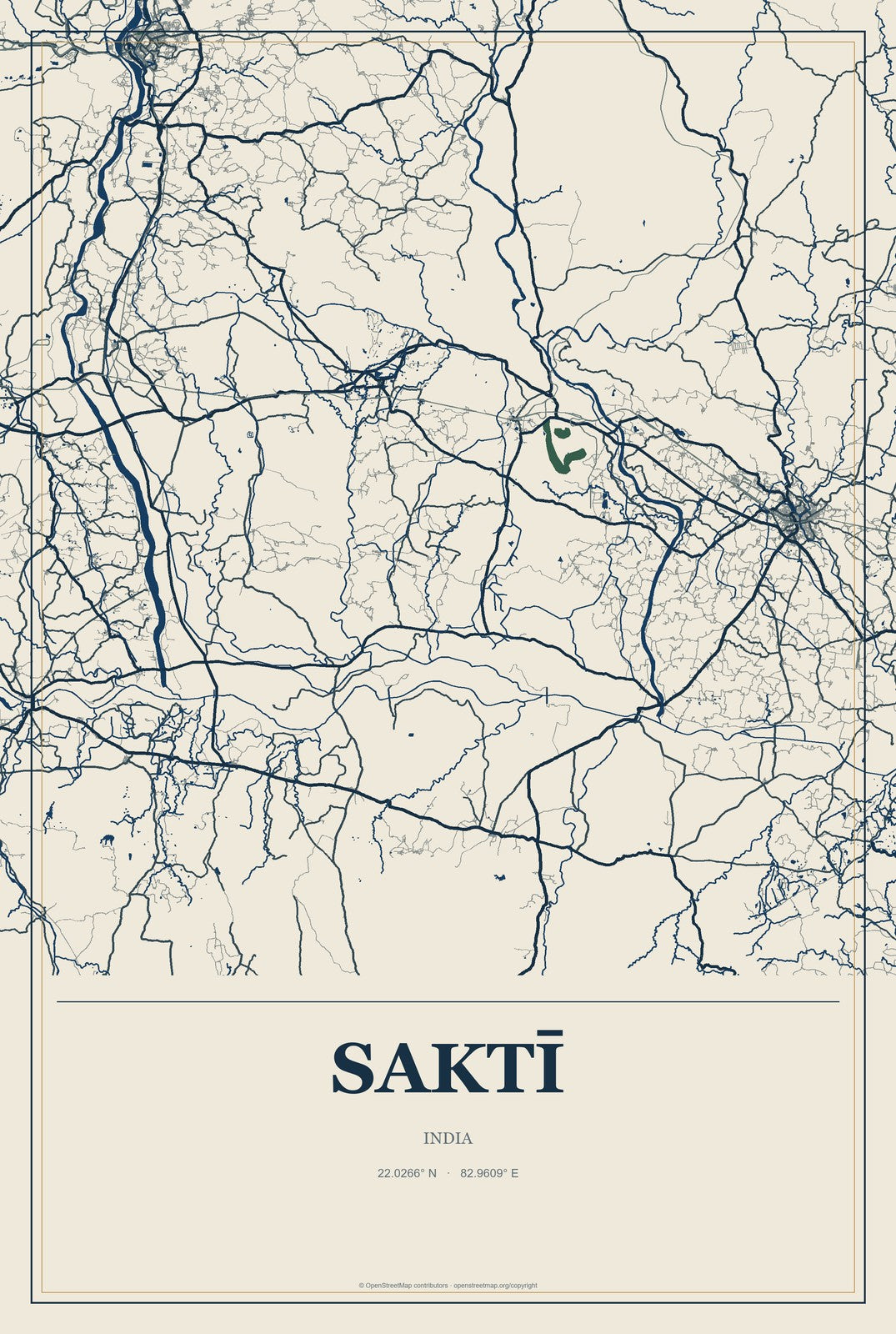 Saktī, India City Map Aluminum Sign in Coastal Cutout style