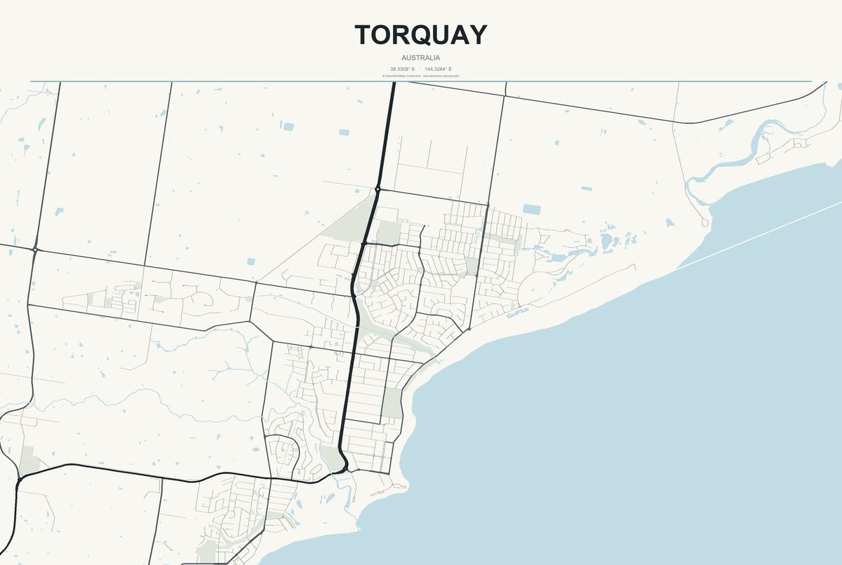 Torquay, Australia City Map Aluminum Sign in Headline Atlas style