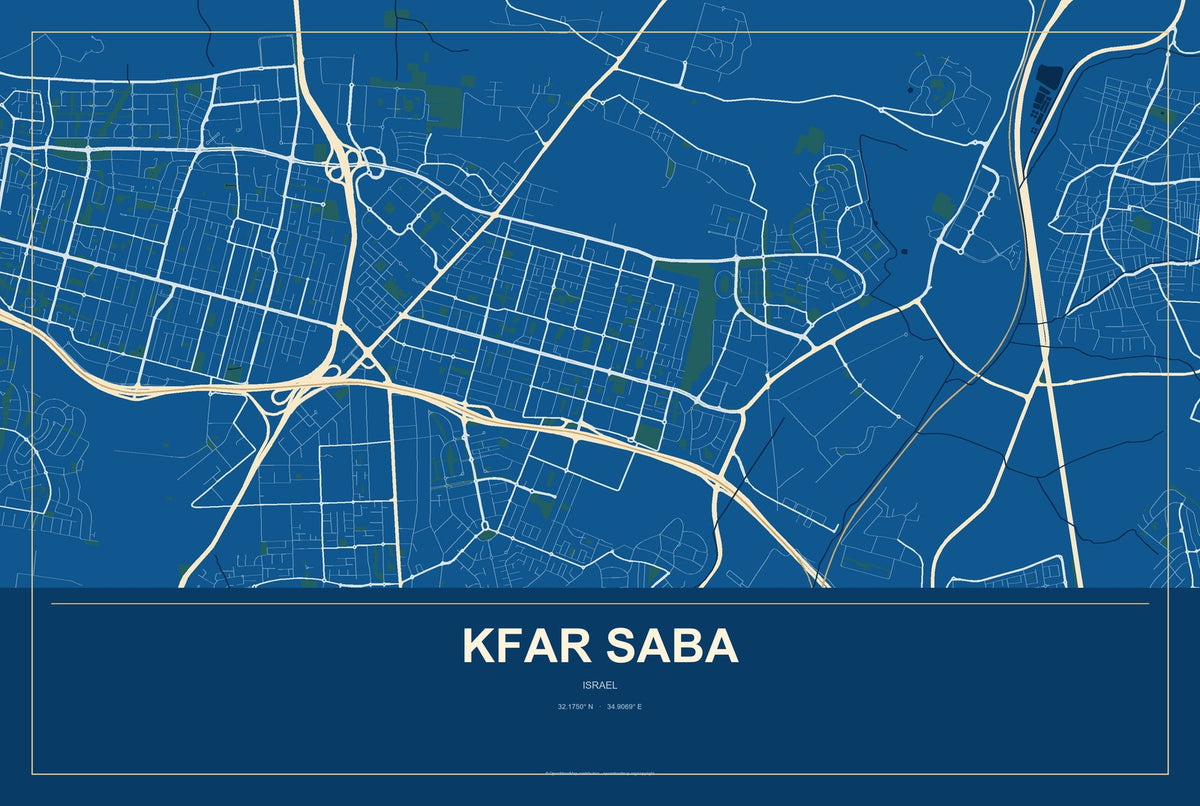 Kfar Saba, Israel City Map Aluminum Sign in Harbor Cobalt style