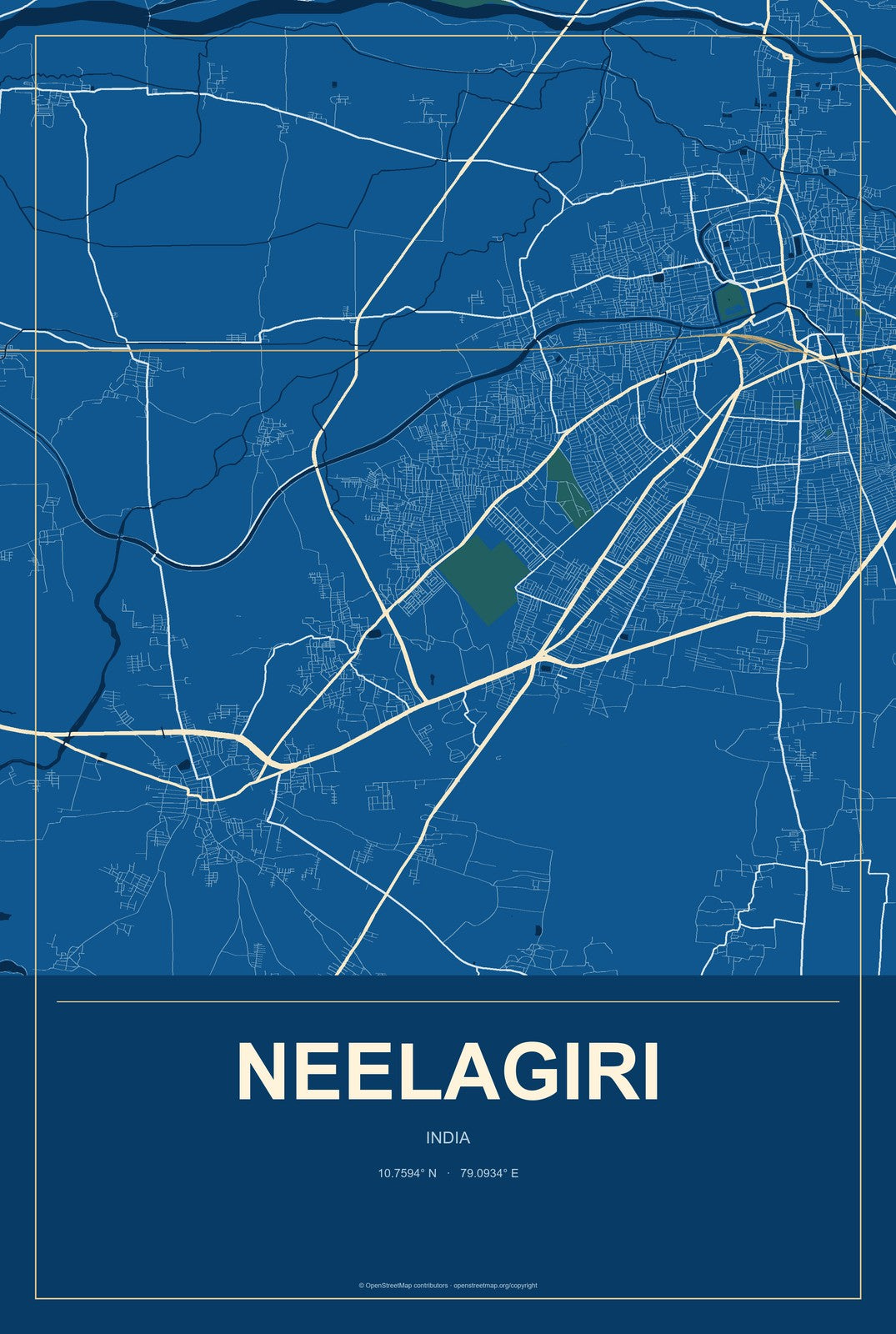 Neelagiri, India City Map Aluminum Sign in Harbor Cobalt style