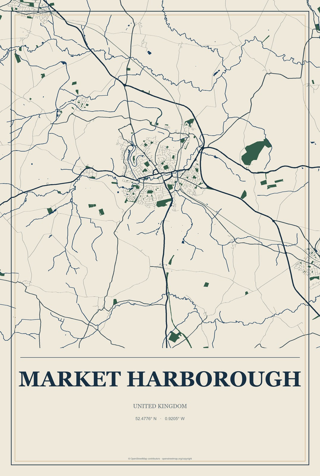 Market Harborough, United Kingdom City Map Aluminum Sign in Coastal Cutout style