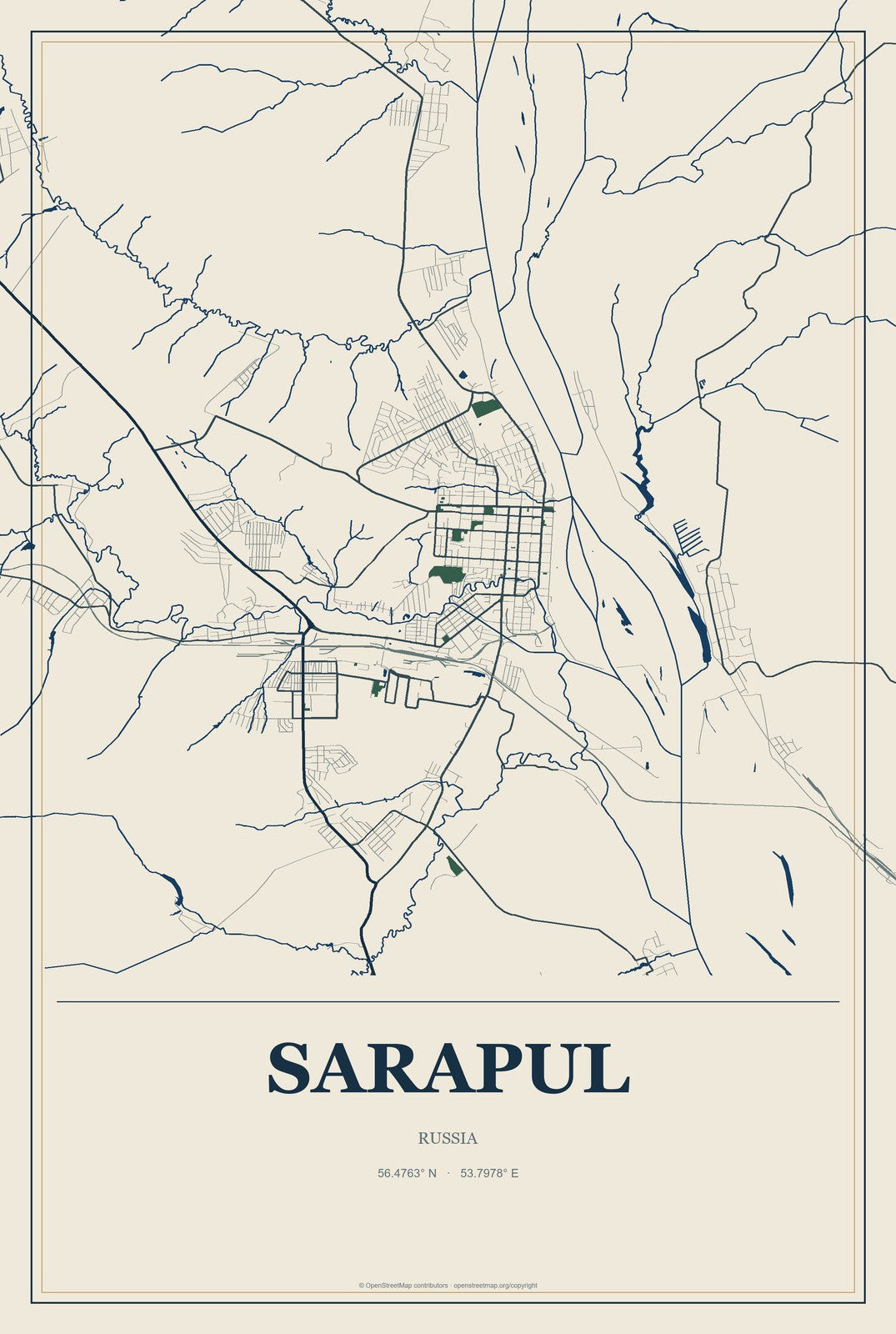 Sarapul, Russia City Map Aluminum Sign in Coastal Cutout style