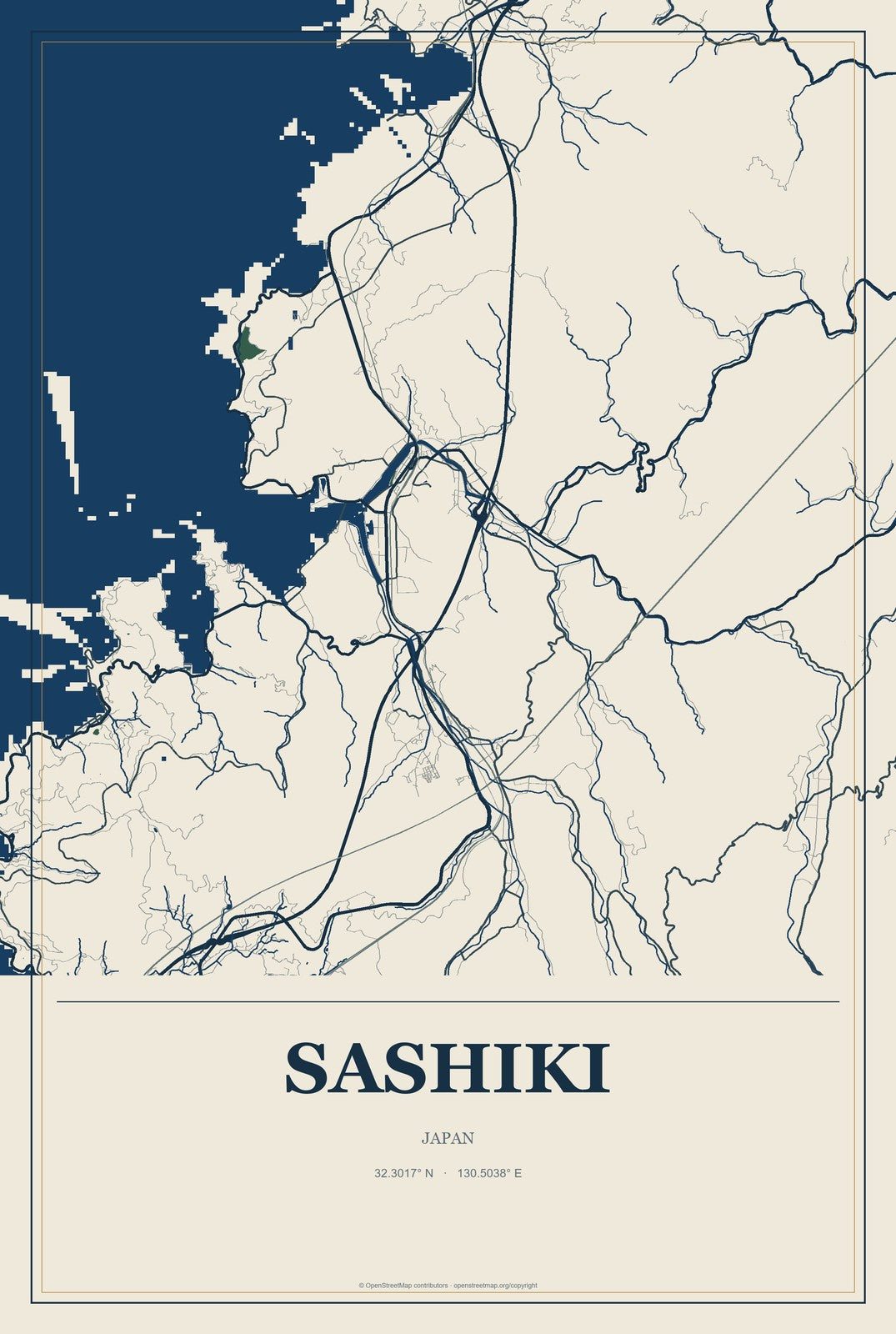 Sashiki, Japan City Map Aluminum Sign in Coastal Cutout style