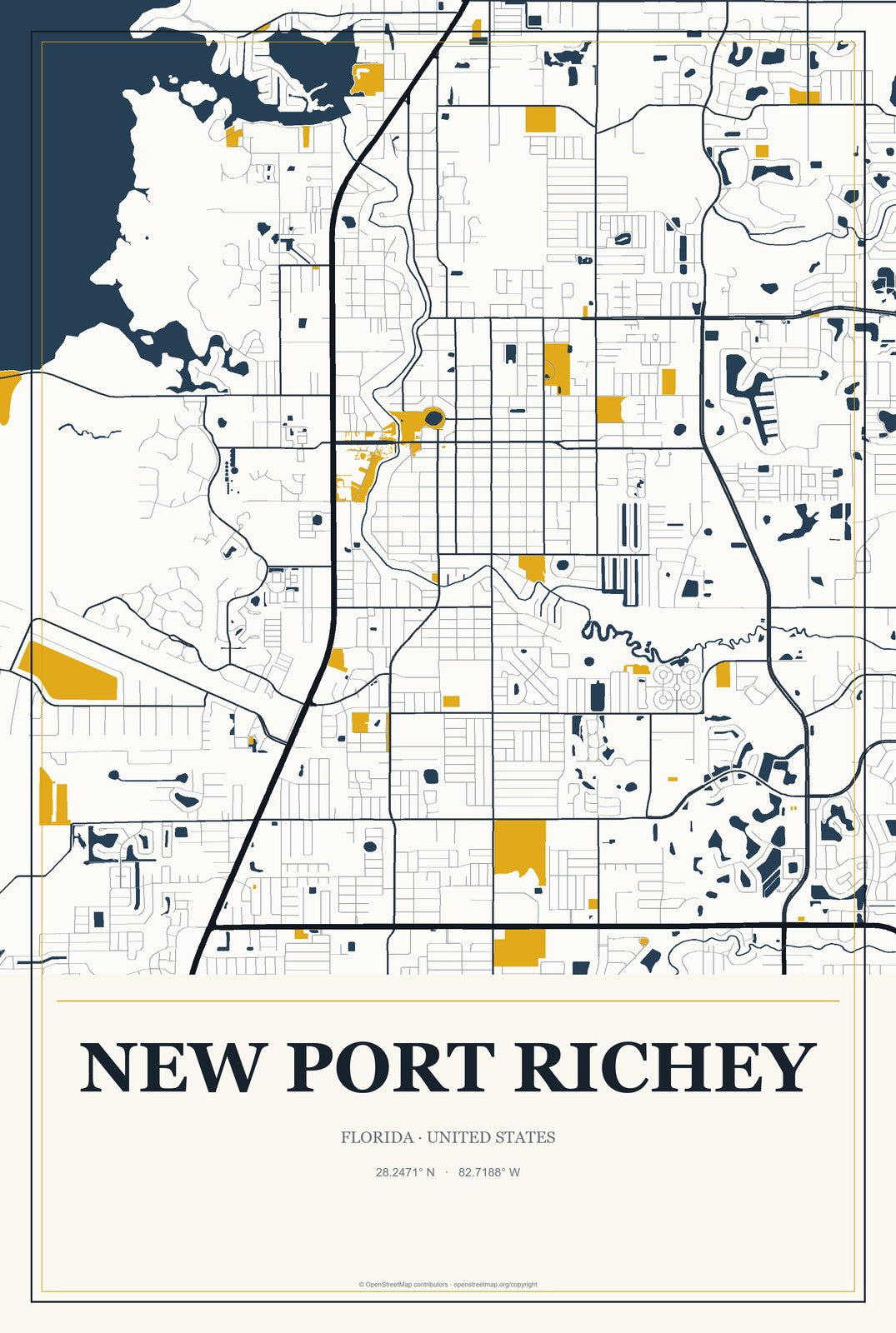 New Port Richey, Florida City Map Aluminum Sign in Citrine Modern style