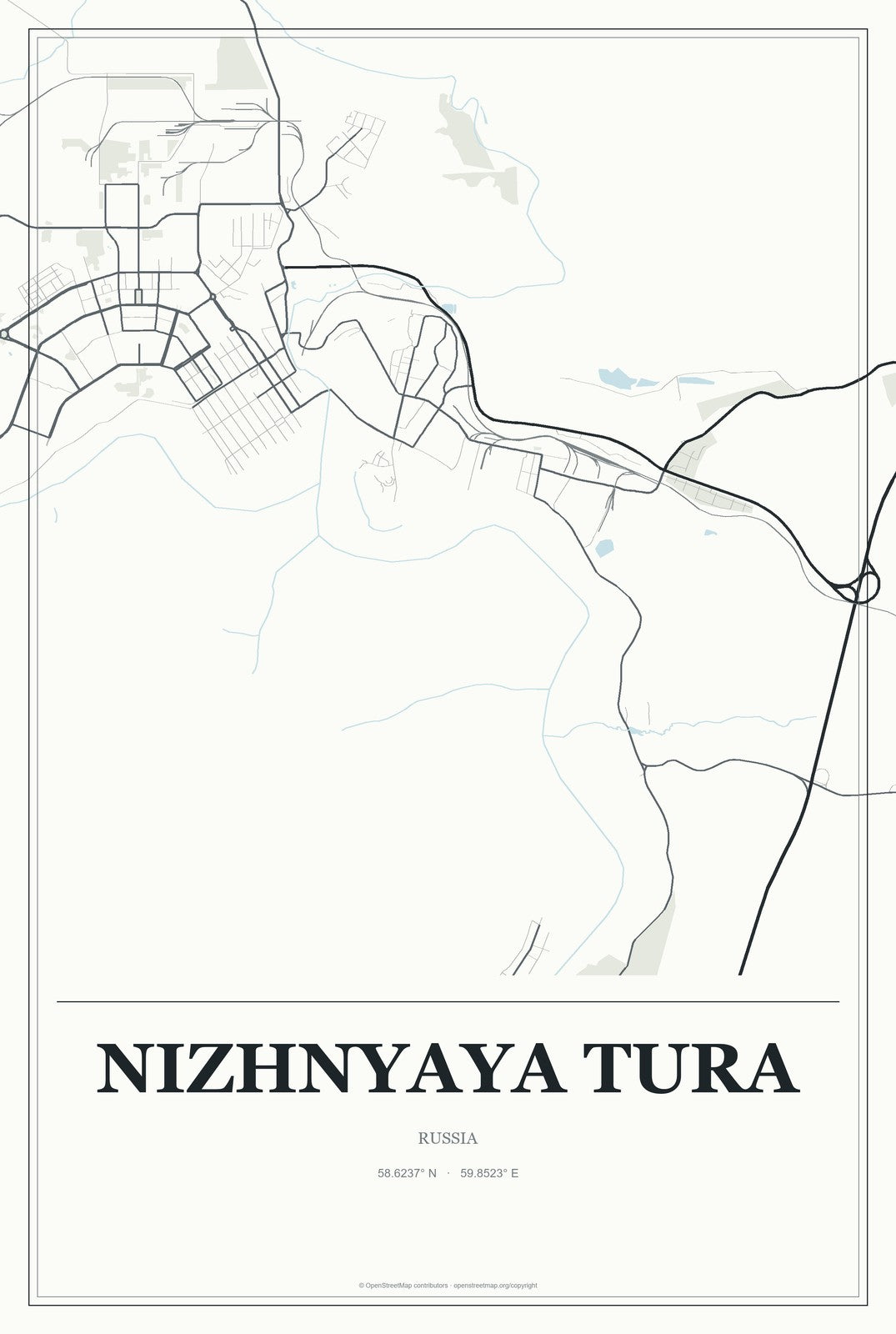 Nizhnyaya Tura, Russia City Map Aluminum Sign in Gallery Air style
