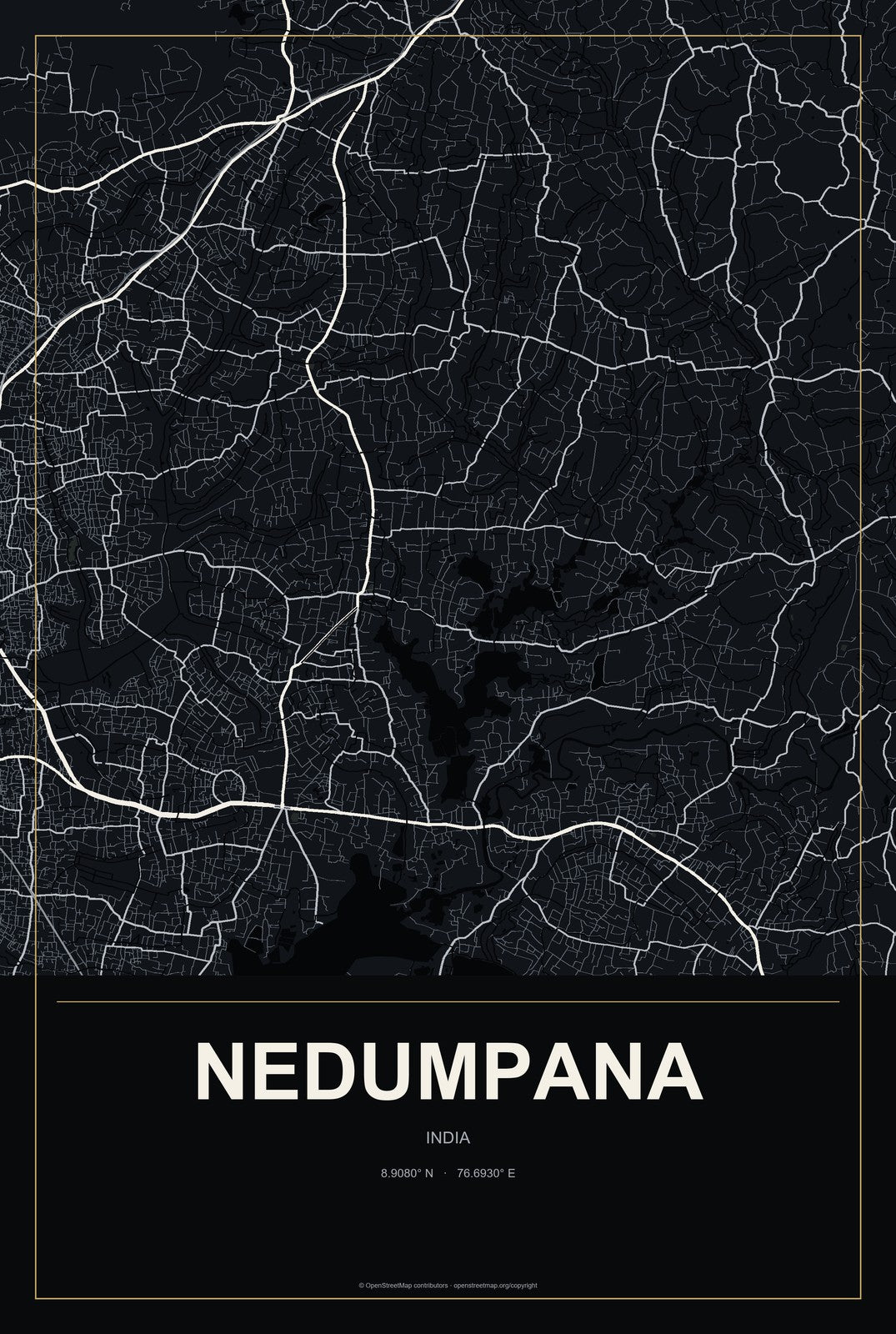 Nedumpana, India City Map Aluminum Sign in Metropolitan Noir style