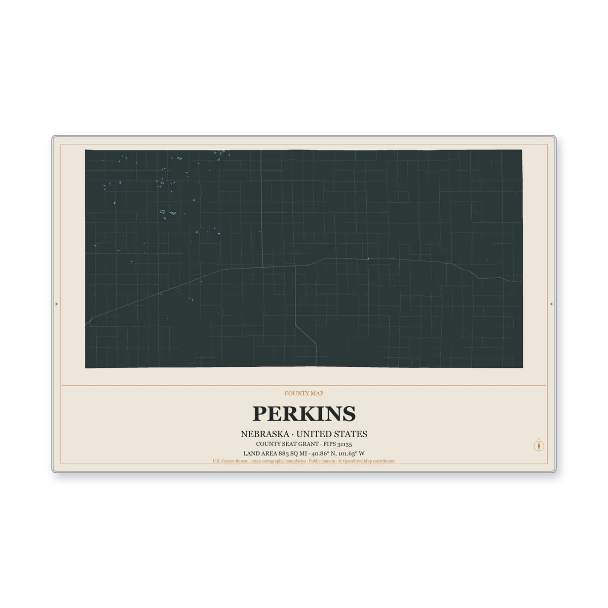 Perkins County, Nebraska Map Aluminum Sign in Headline Atlas style