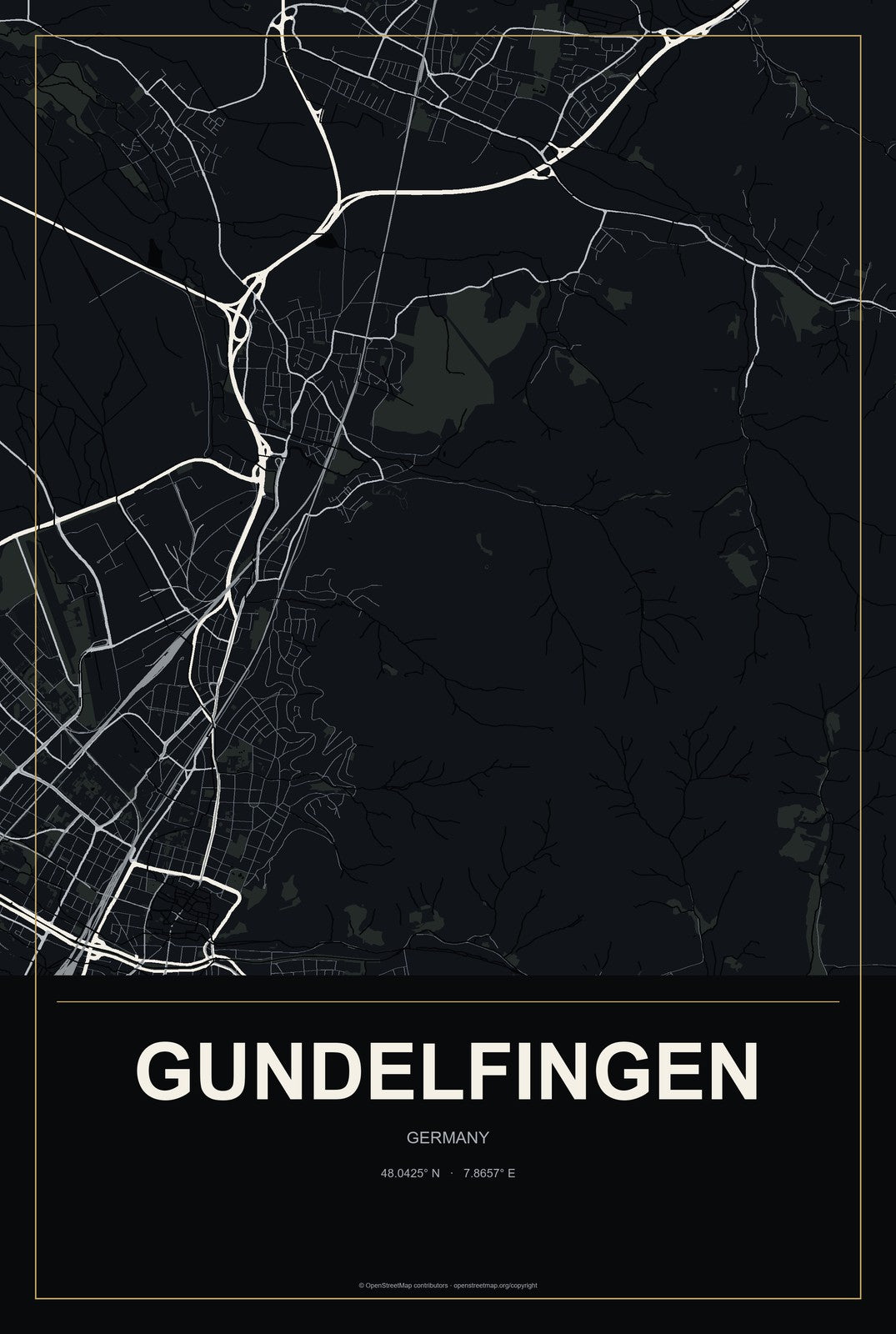 Gundelfingen, Germany City Map Aluminum Sign in Metropolitan Noir style
