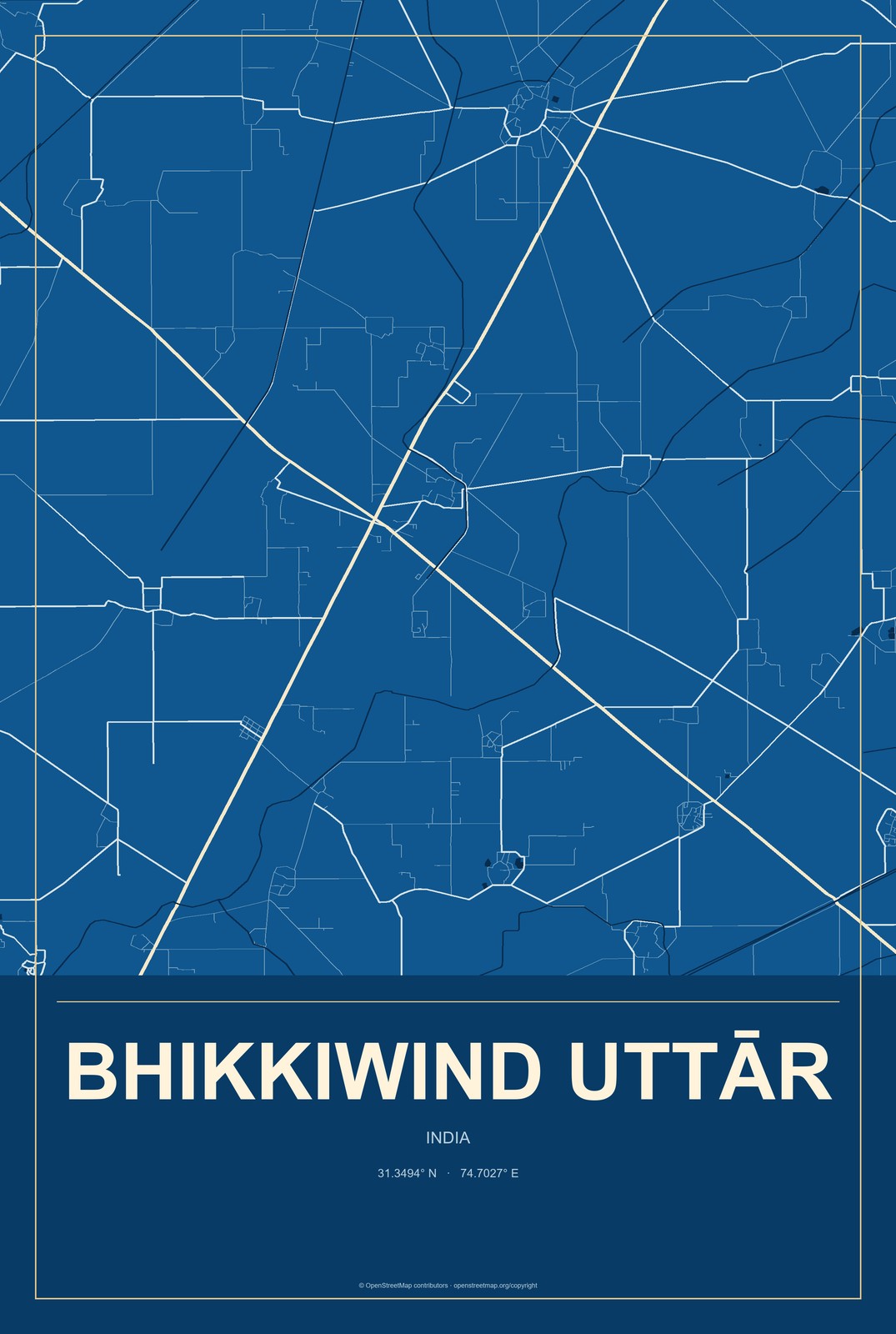 Bhikkiwind Uttār, India City Map Aluminum Sign in Harbor Cobalt style