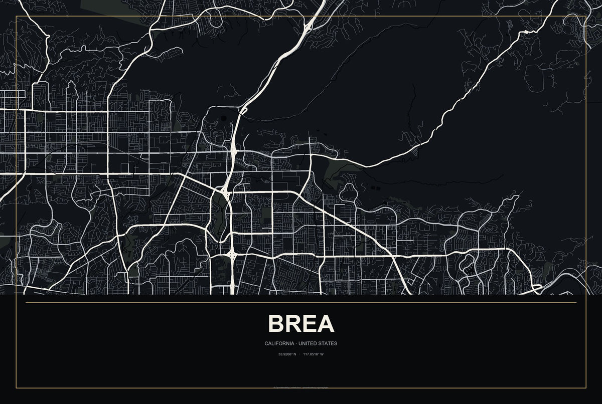 Brea, California City Map Aluminum Sign in Metropolitan Noir style