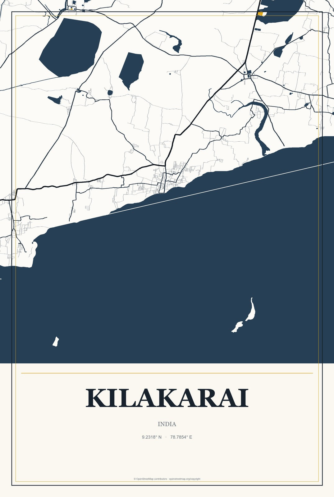 Kilakarai, India City Map Aluminum Sign in Citrine Modern style