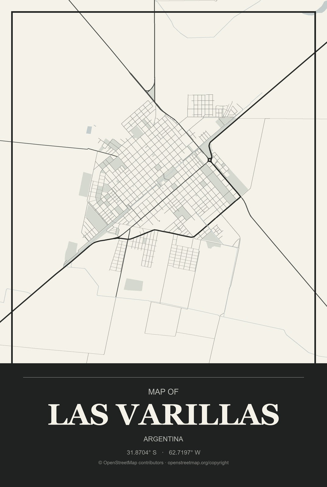 Las Varillas, Argentina City Map Aluminum Sign in Museum Plaque style