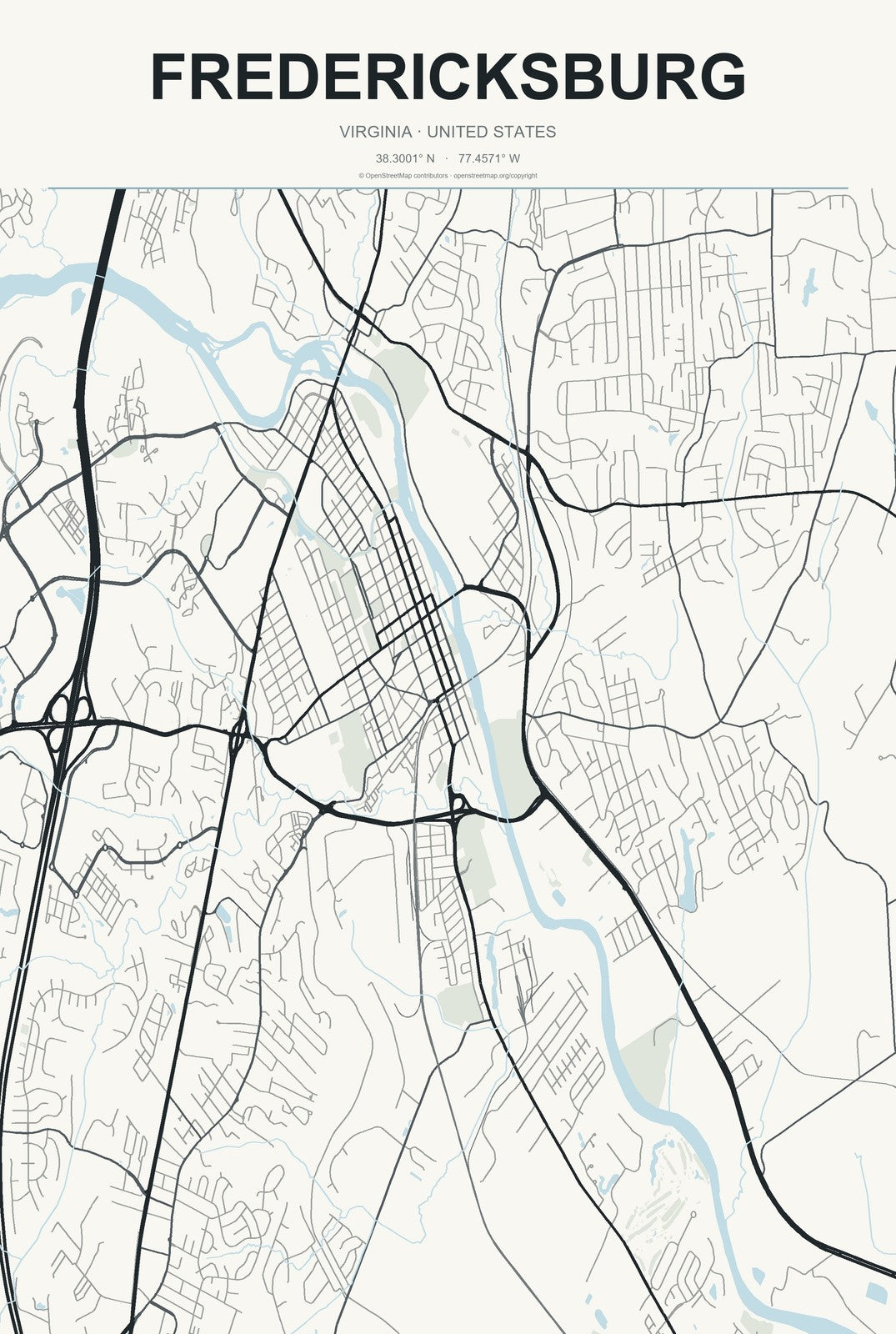 Fredericksburg, Virginia City Map Aluminum Sign in Headline Atlas style