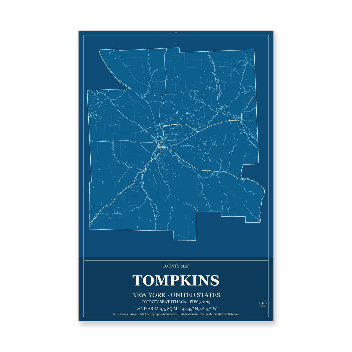 Tompkins County, New York Map Aluminum Sign in Harbor Cobalt style