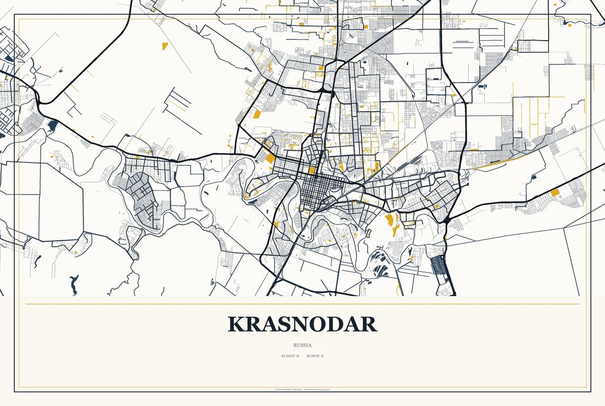 Krasnodar, Russia City Map Aluminum Sign in Citrine Modern style