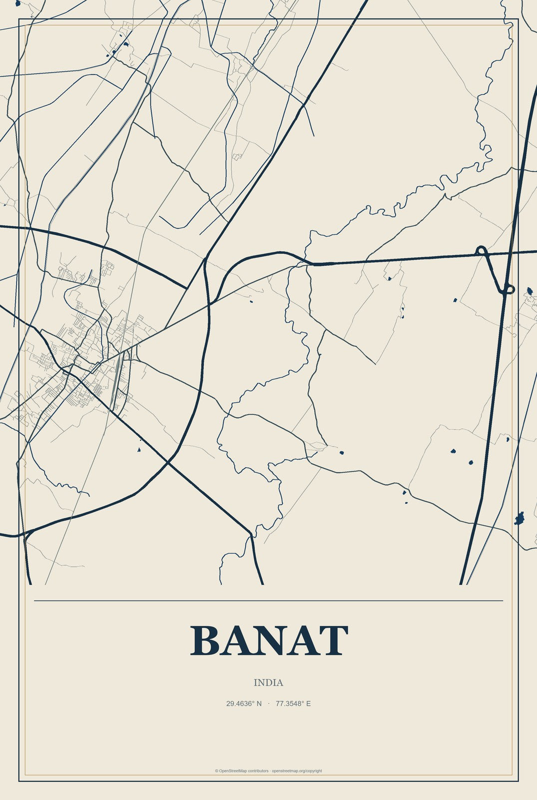 Banat, India City Map Aluminum Sign in Coastal Cutout style