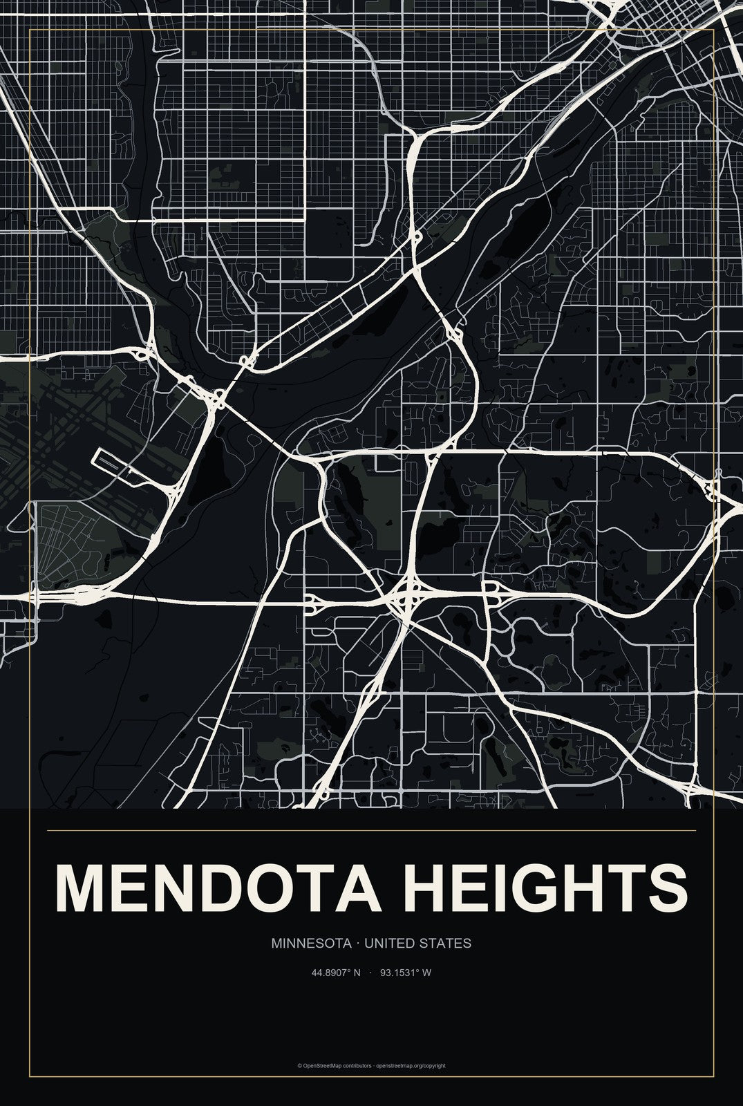 Mendota Heights, Minnesota City Map Aluminum Sign in Metropolitan Noir style