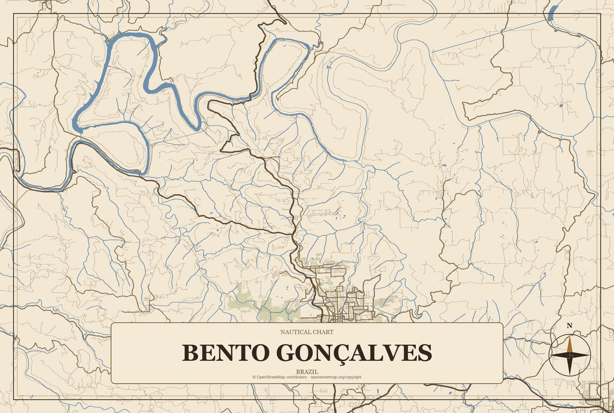 Bento Gonçalves, Brazil City Map Aluminum Sign in Heritage Nautical style