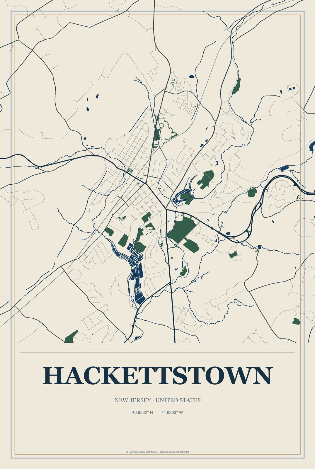 Hackettstown, New Jersey City Map Aluminum Sign in Coastal Cutout style